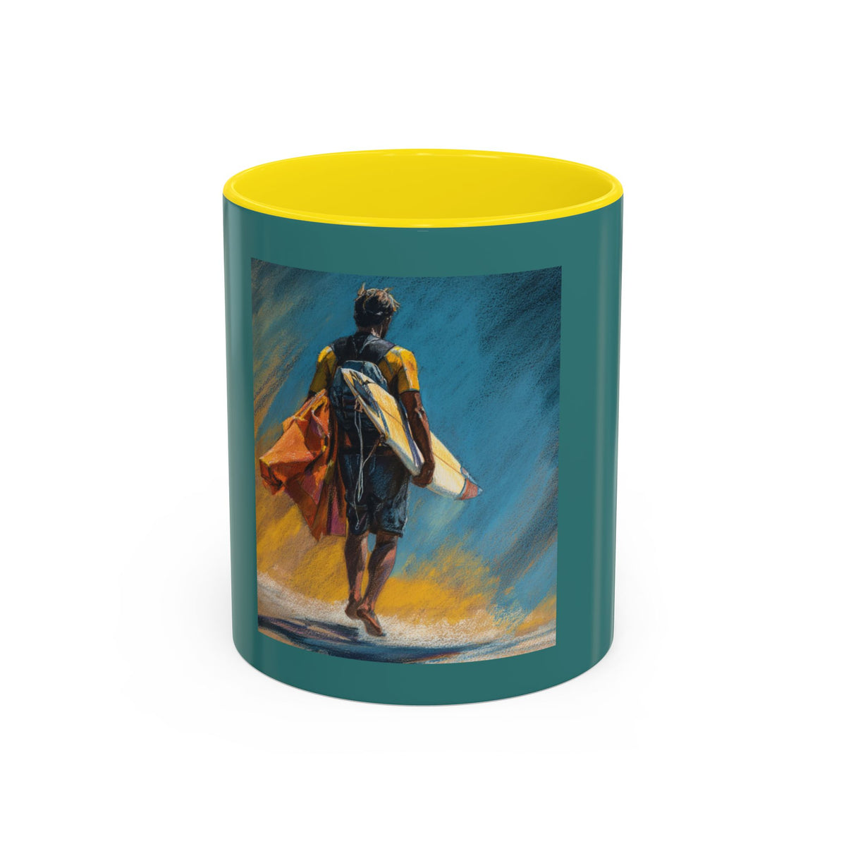 Surfing Art Coffee Mug — Teal Accent Ceramic Mug with Surfer Painting (11/15 oz)