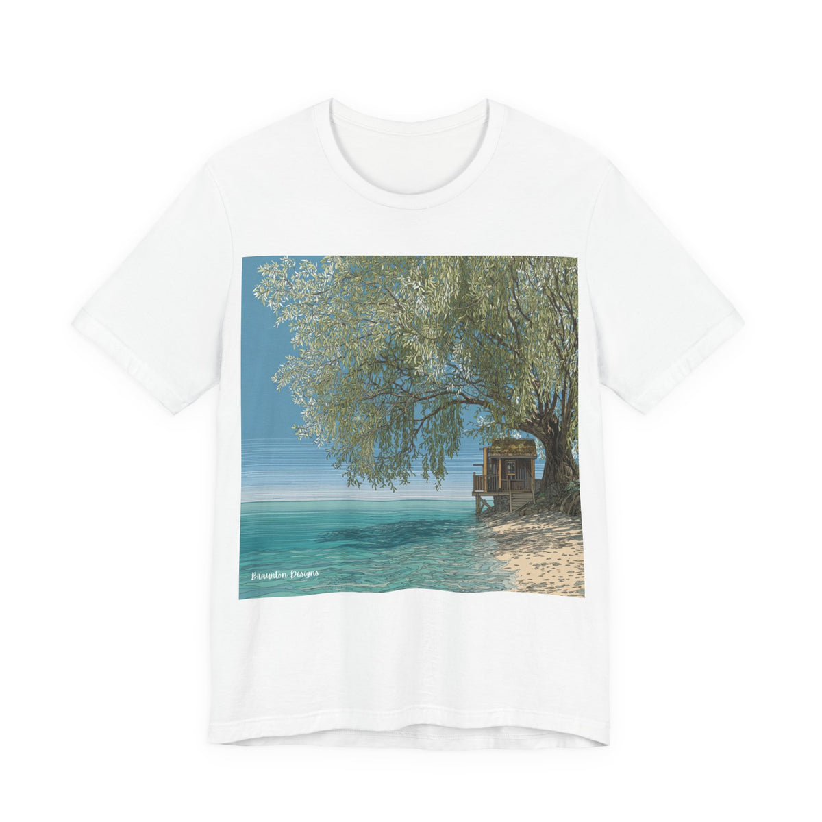 Tropical Beach Scene T-Shirt — Serene Seaside Cabin Graphic — Lightweight Fabric