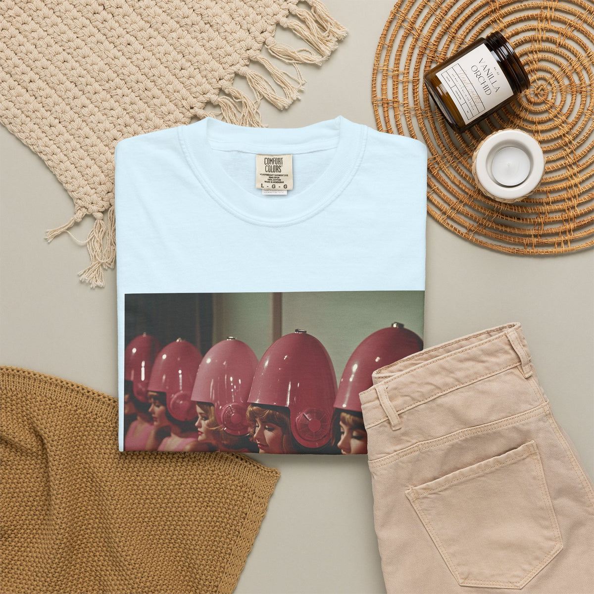Retro Salon Photo T-Shirt — Vintage Pink Hair Dryer Print. Heavy weight fabric