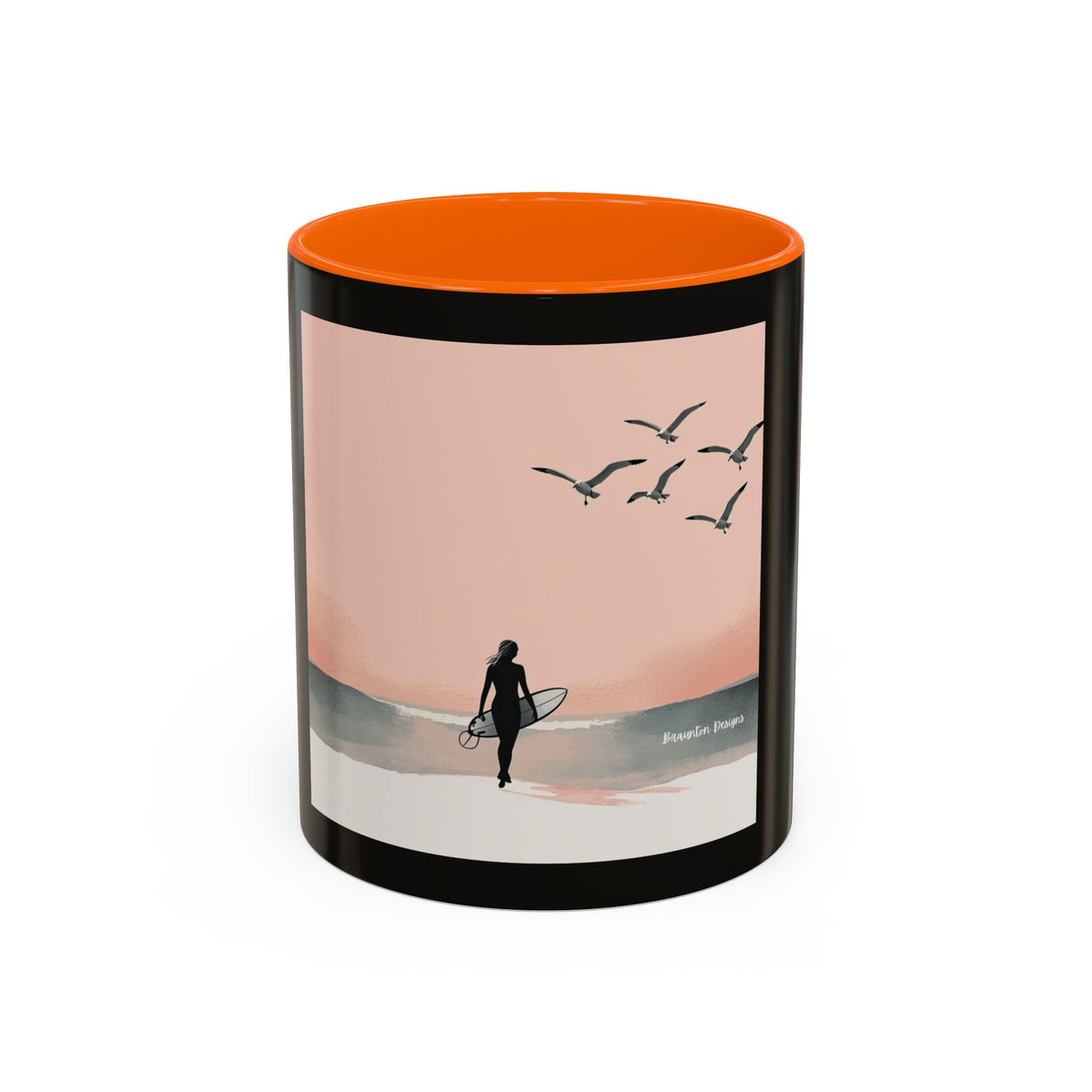 Surf Sunset Accent Coffee Mug — Beach Surfer Silhouette with Seagulls (11/15 oz)