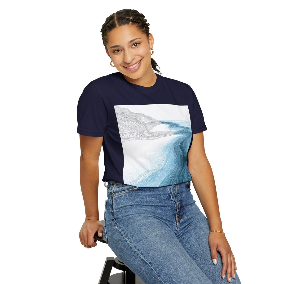Ocean Current Art T-Shirt — Calming Blue Coastal Wave Graphic Tee. Heavyweight Fabric