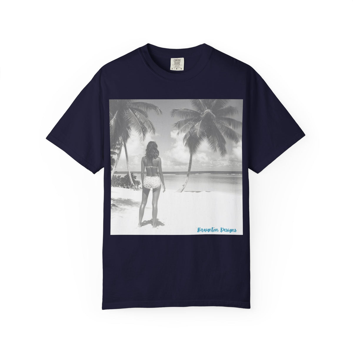 Women's Beach Photo Tee — Tropical Palm Shore Graphic T-Shirt. Heavyweight Fabric