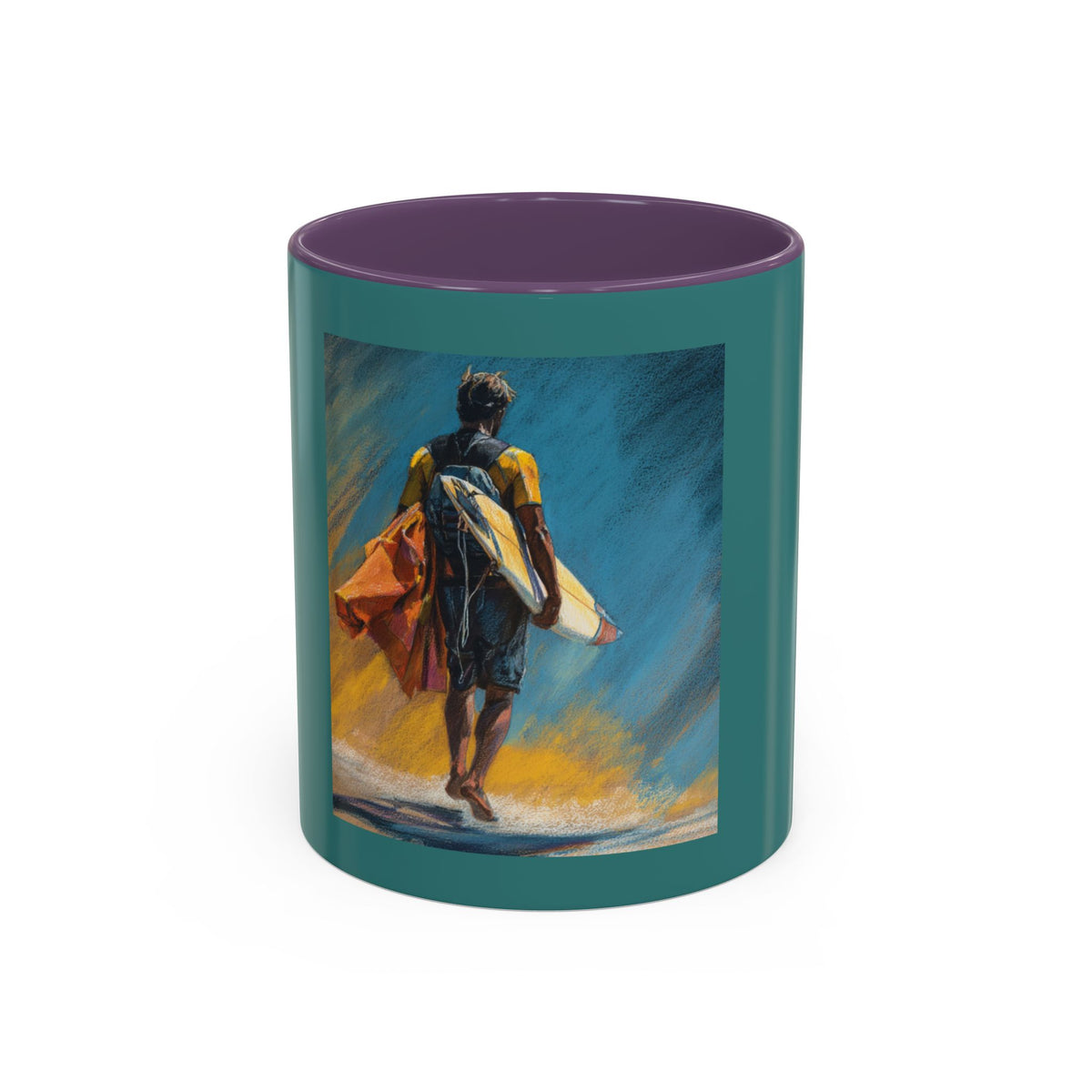Surfing Art Coffee Mug — Teal Accent Ceramic Mug with Surfer Painting (11/15 oz)
