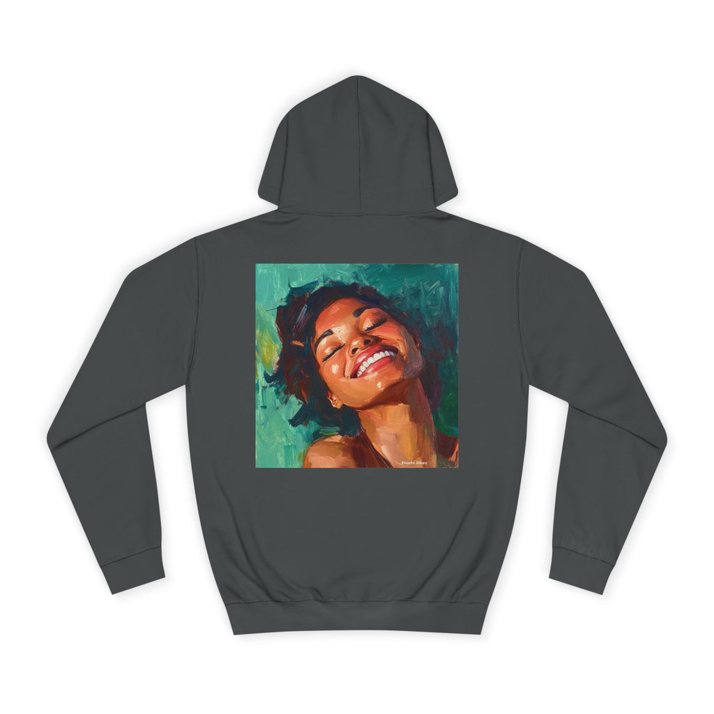 Smiling Portrait Hoodie — Vibrant Painted Woman Graphic Pullover