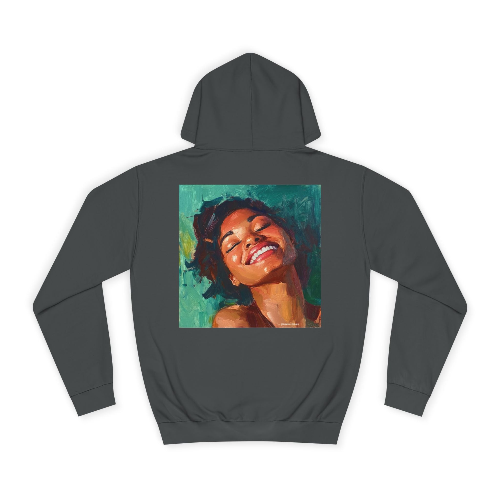 Smiling Portrait Hoodie — Vibrant Painted Woman Graphic Pullover