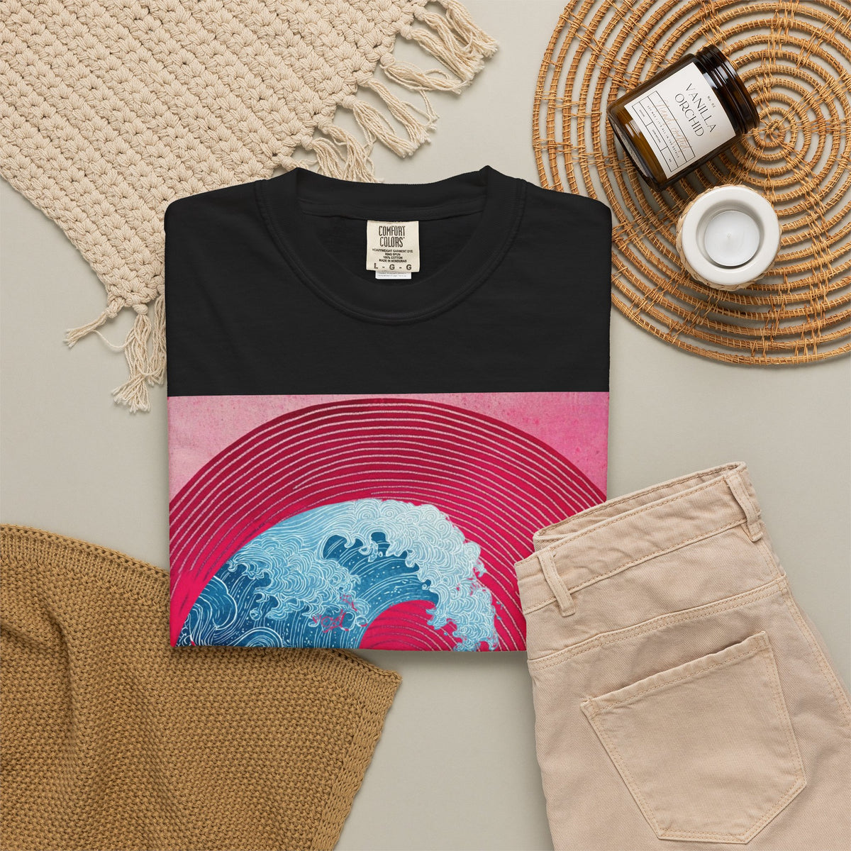 Women's Graphic Tee — Retro Pink & Blue Wave Art Shirt. Heavyweight Fabric