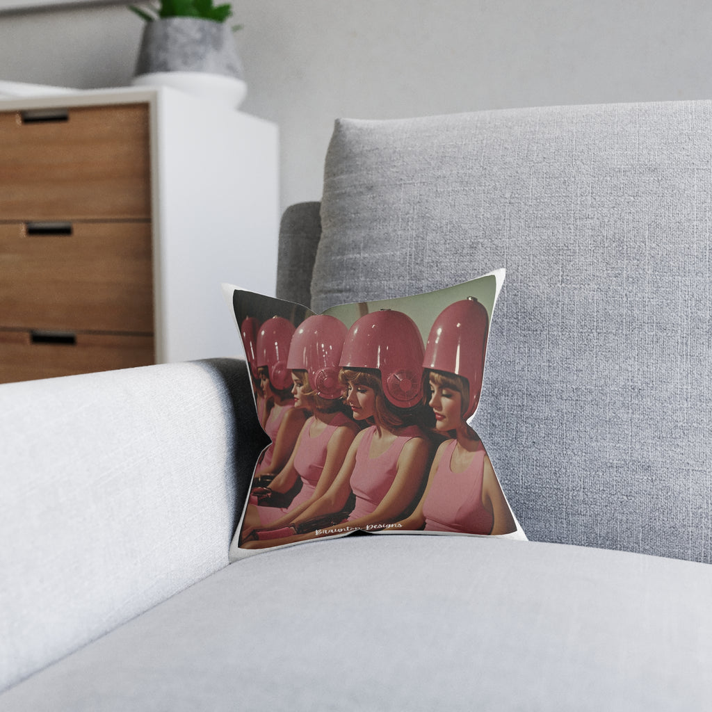Retro Salon Girls Square Throw Pillow — Pink Hair Dryer Design