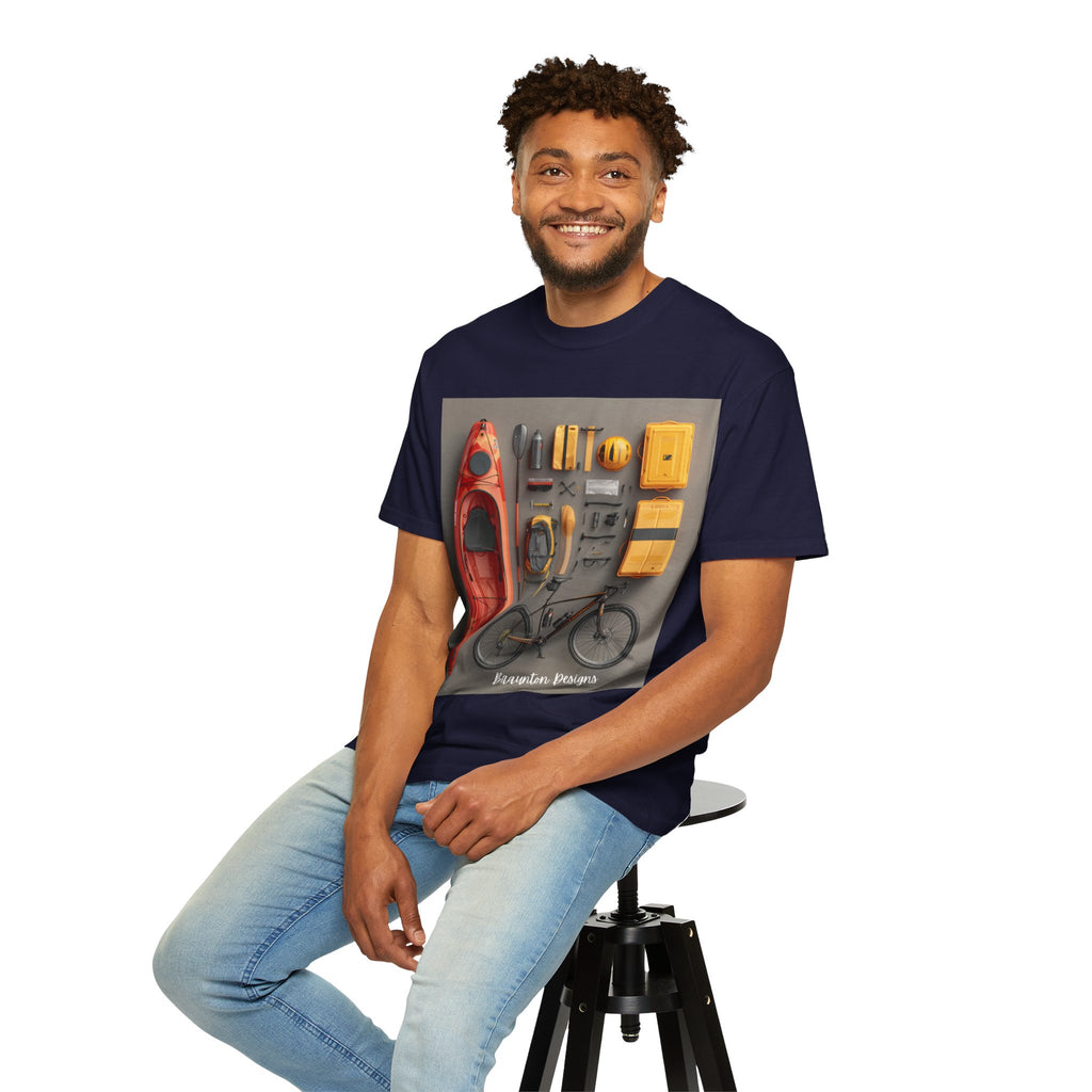 Adventure Gear T-Shirt — Kayak & Bike Outfit Flatlay