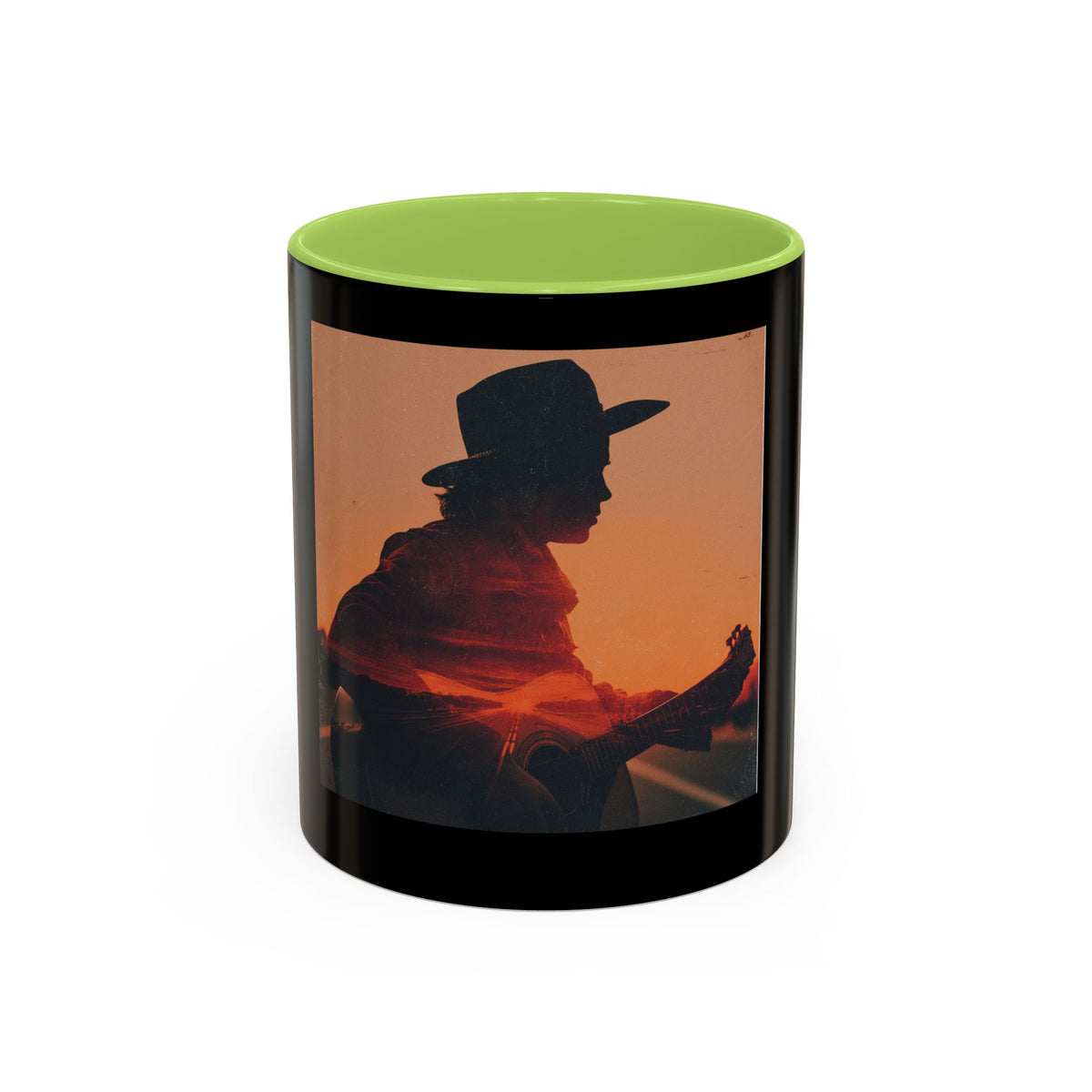 Sunset Guitarist Accent Coffee Mug — Silhouette Music Lover Gift