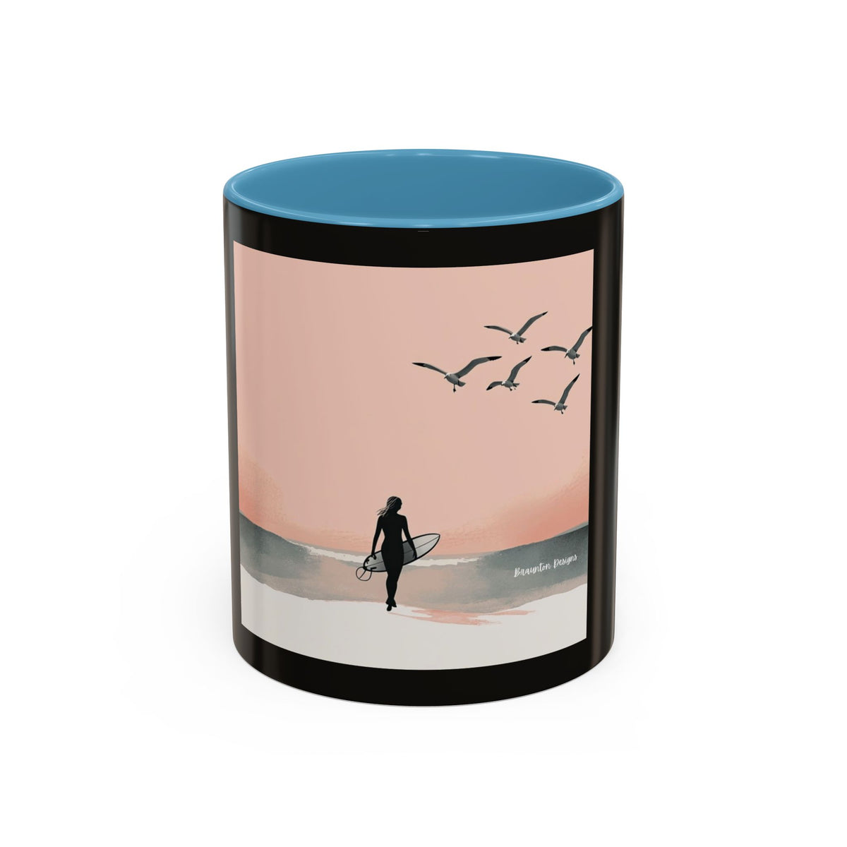 Surf Sunset Accent Coffee Mug — Beach Surfer Silhouette with Seagulls (11/15 oz)