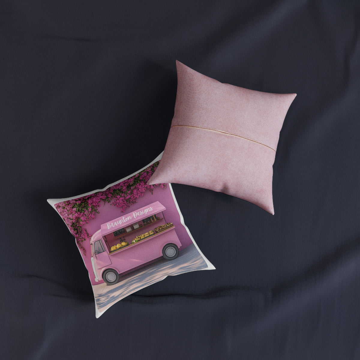 Pink Food Truck Decorative Pillow — Floral Vintage Van Accent Cushion