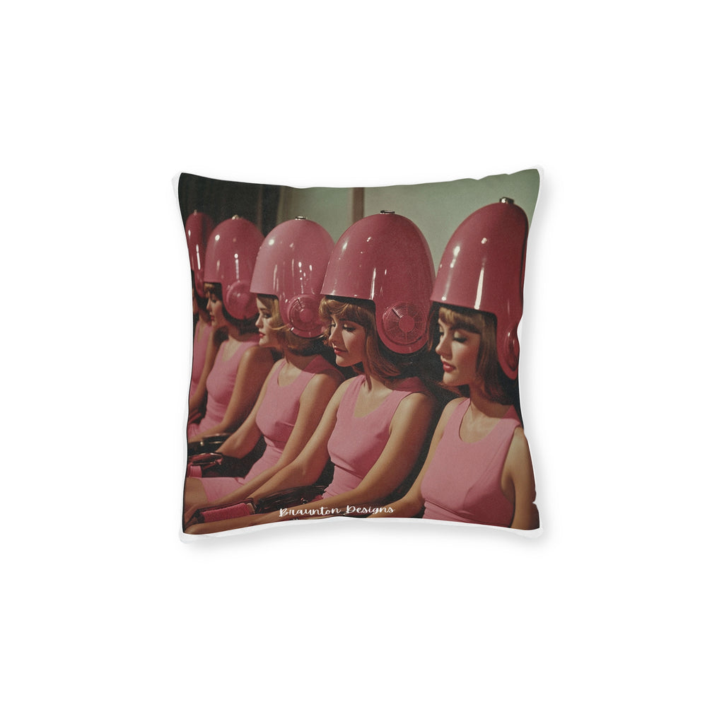 Retro Salon Girls Square Throw Pillow — Pink Hair Dryer Design