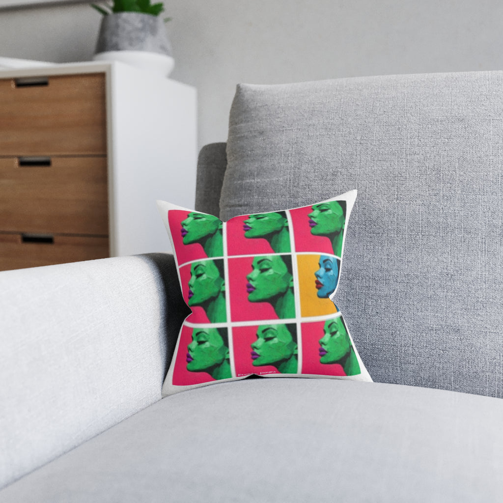 Pop Art Profile Square Pillow — Retro Color-Block Face Cushion with Pink Back