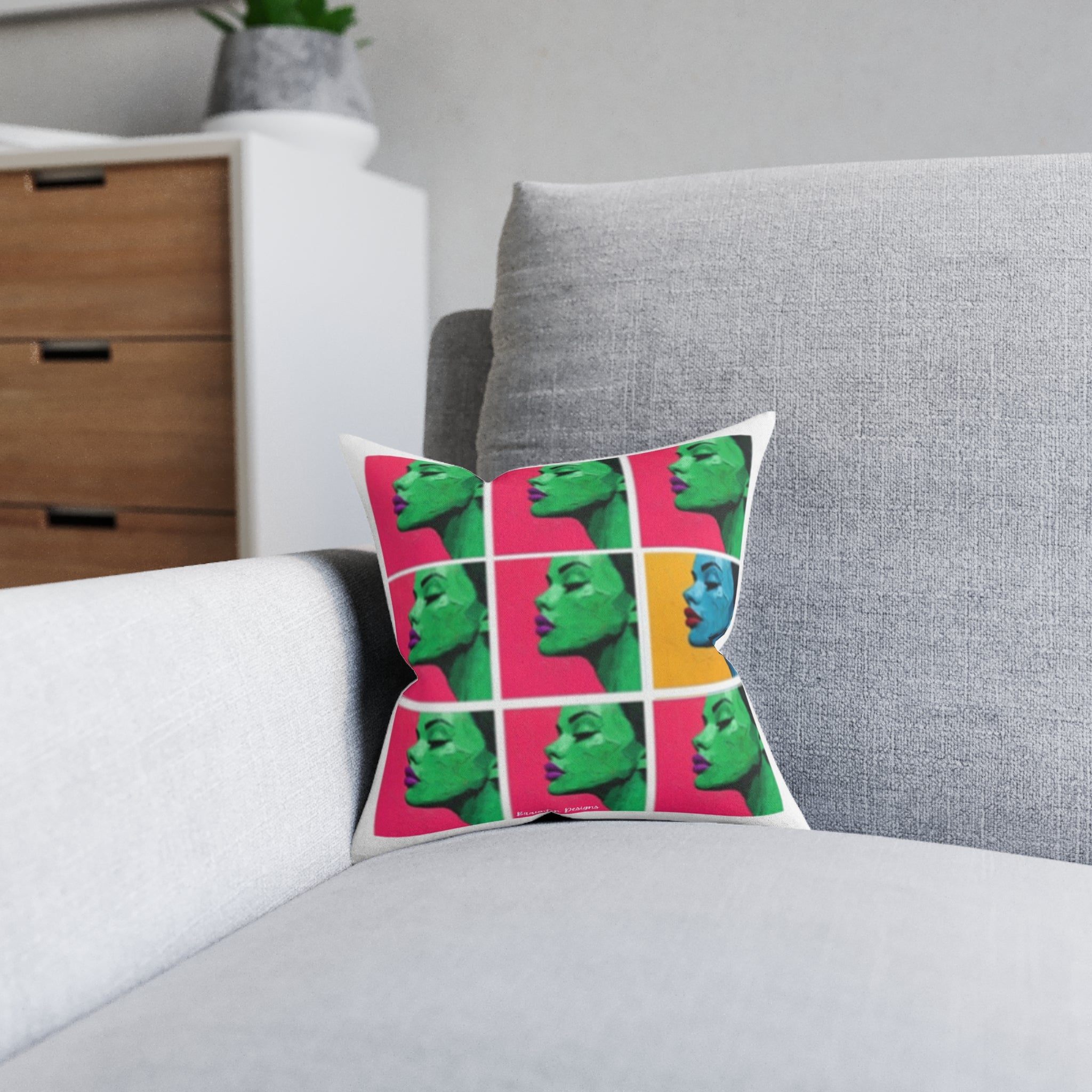 Pop Art Profile Square Pillow — Retro Color-Block Face Cushion with Pink Back