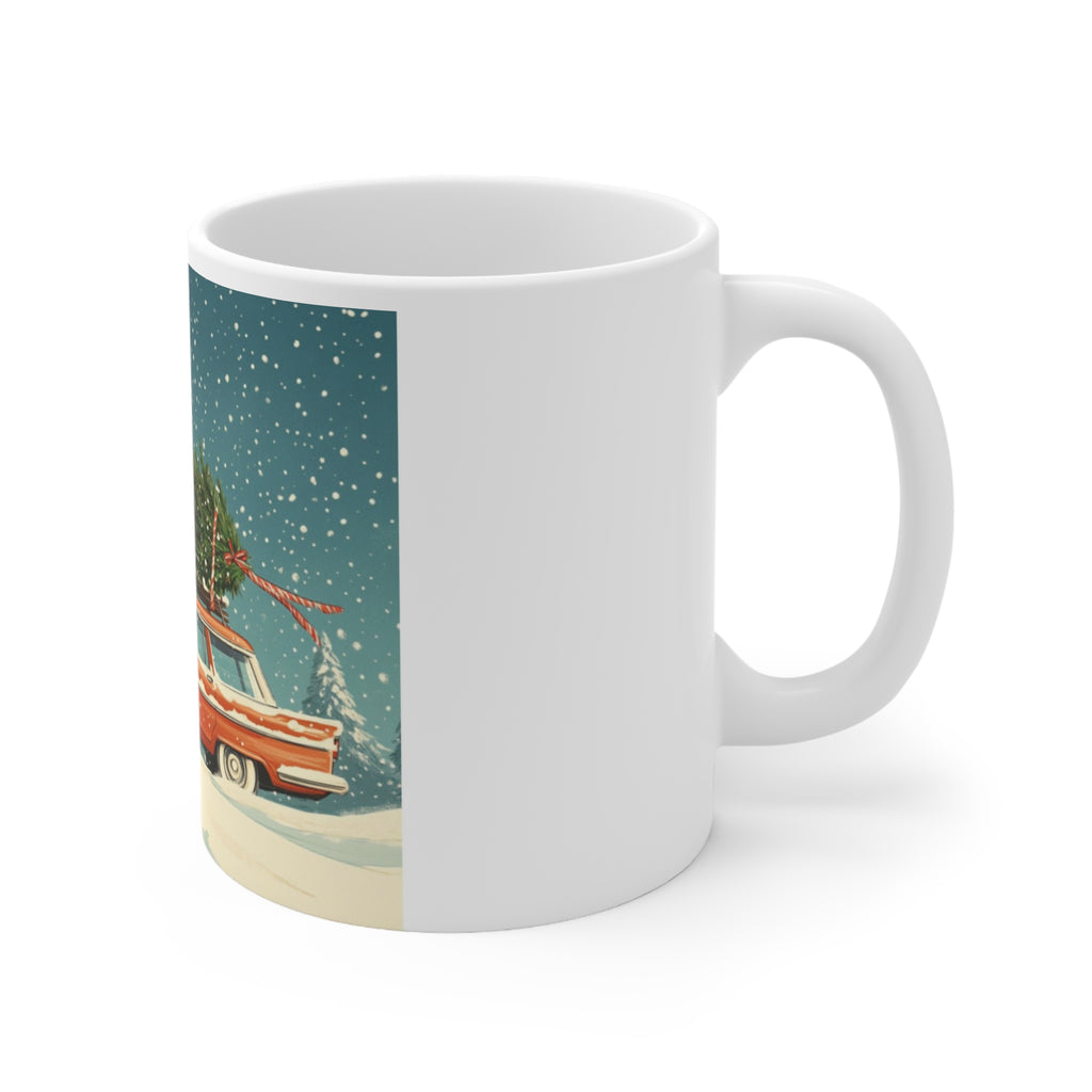 Vintage Station Wagon with Christmas Tree Mug | Holiday Snow Scene