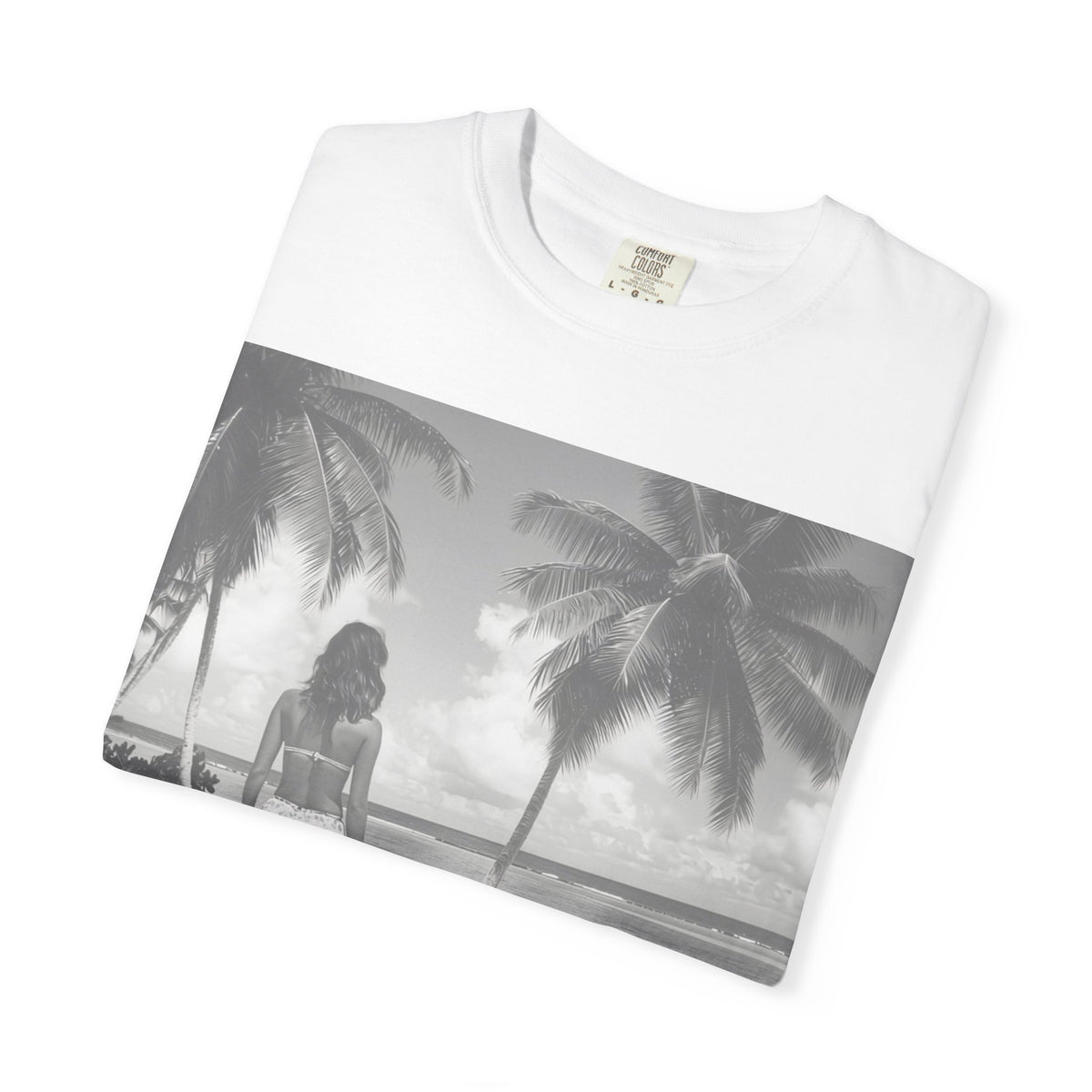 Women's Beach Photo Tee — Tropical Palm Shore Graphic T-Shirt. Heavyweight Fabric