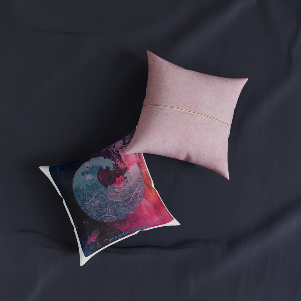 Ocean Wave Art Square Pillow - Pink Back