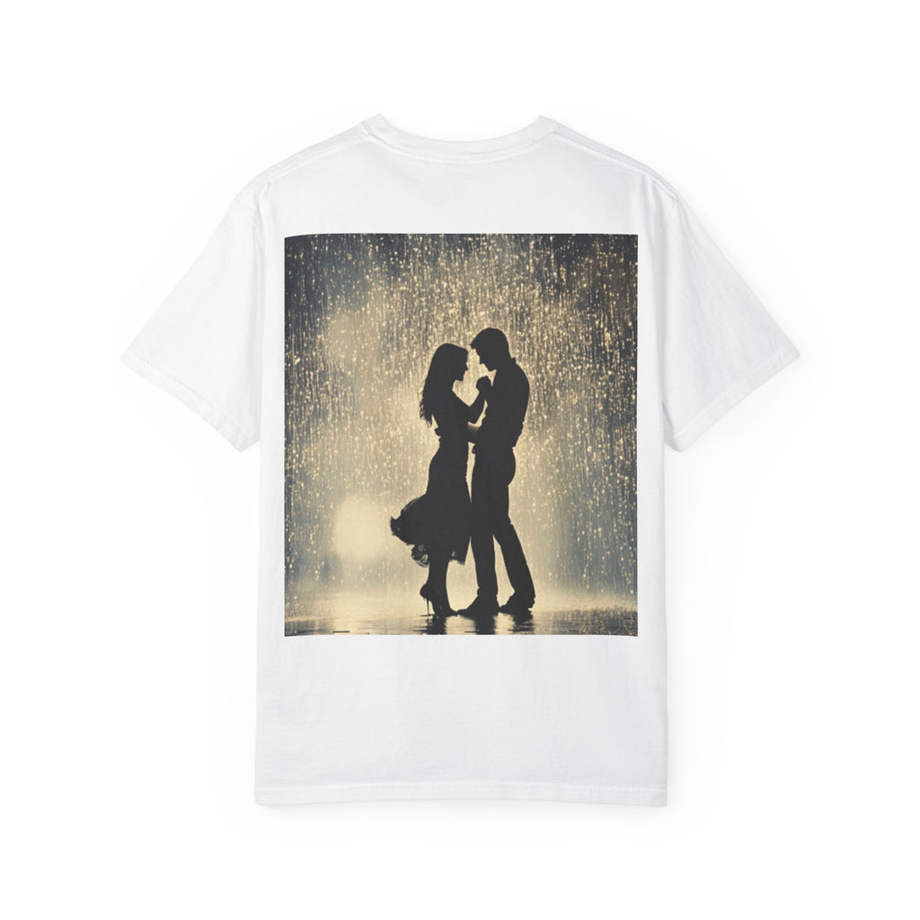 Silhouette Couple Dancing in Rain Tee | Romantic Dance Graphic