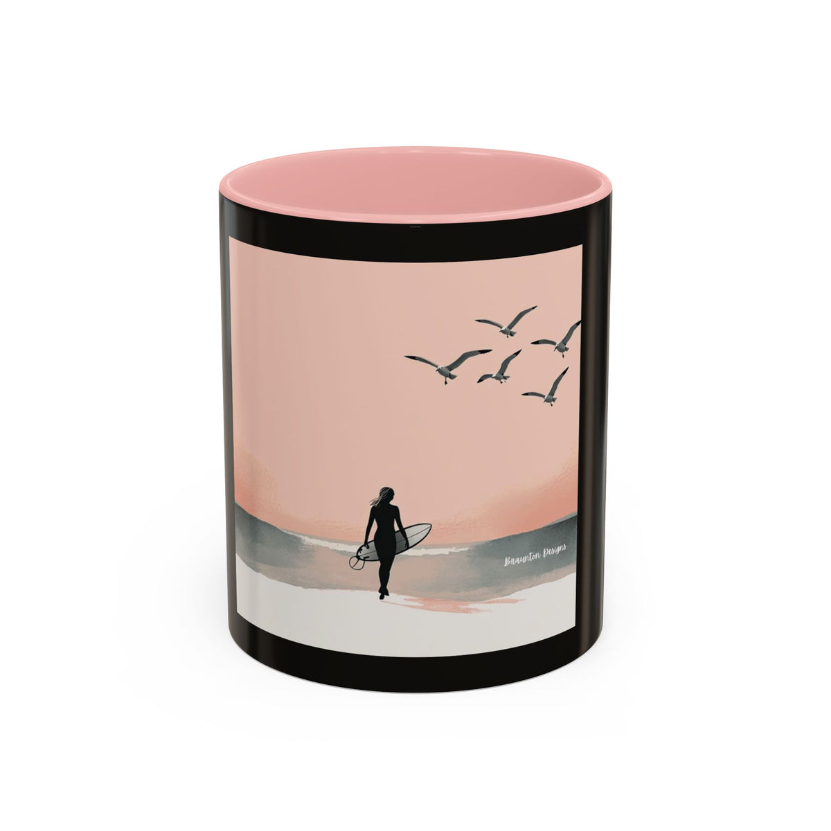 Surf Sunset Accent Coffee Mug — Beach Surfer Silhouette with Seagulls (11/15 oz)