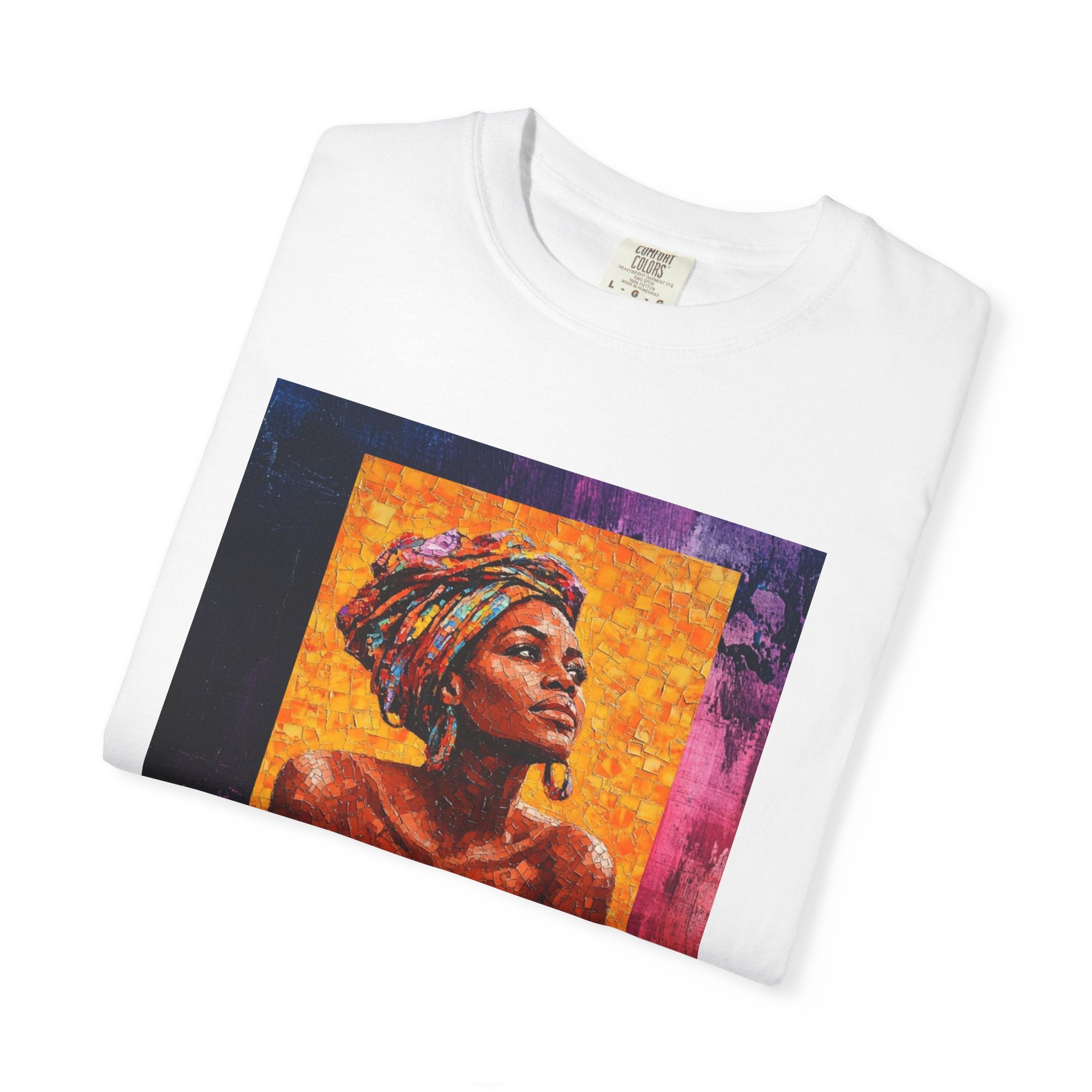 Afrocentric Portrait Art T-Shirt — Vibrant Woman in Headwrap Graphic Tee