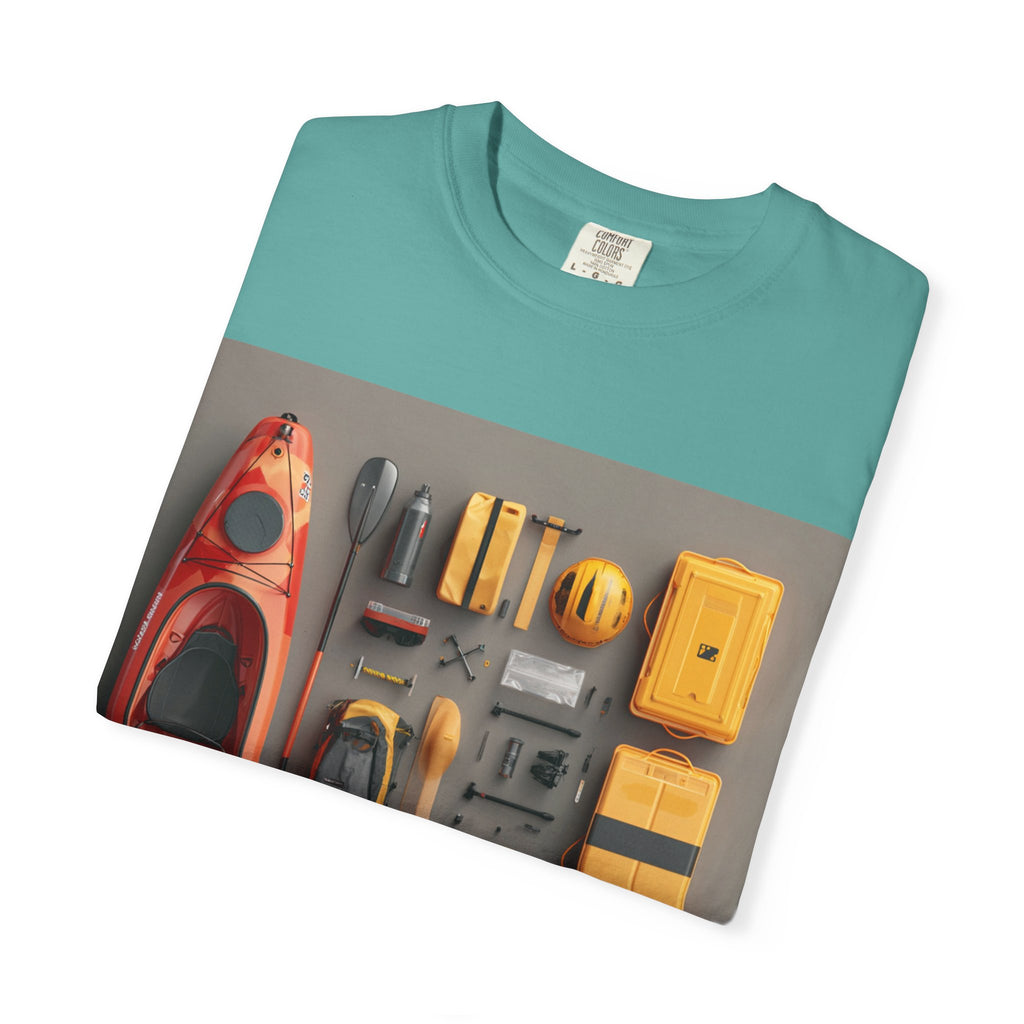 Adventure Gear T-Shirt — Kayak & Bike Outfit Flatlay