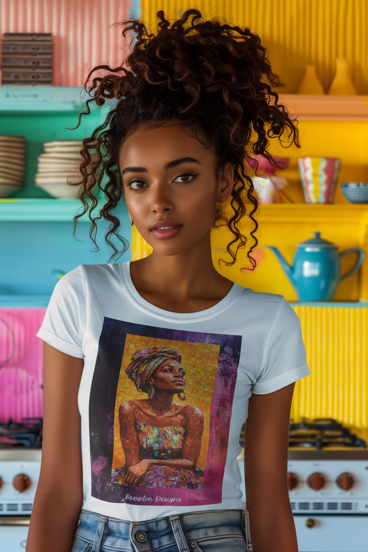 Afrocentric Portrait Art T-Shirt — Vibrant Woman in Headwrap Graphic Tee