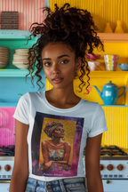 Afrocentric Portrait Art T-Shirt — Vibrant Woman in Headwrap Graphic Tee