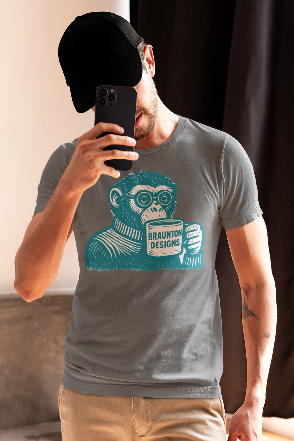 Monkey with Coffee T-Shirt — 'Braunton Designs' Graphic Tee