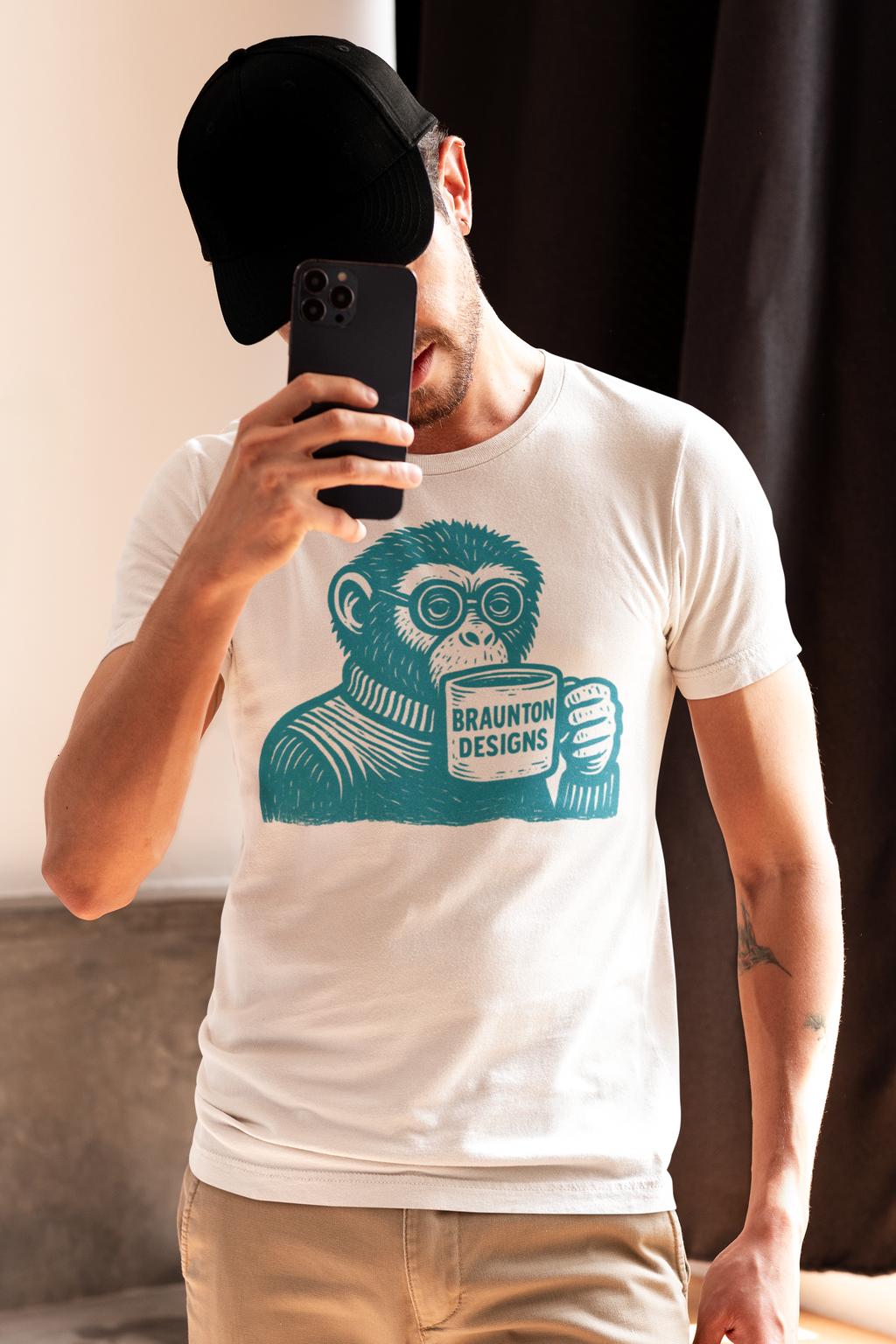 Monkey with Coffee T-Shirt — 'Braunton Designs' Graphic Tee