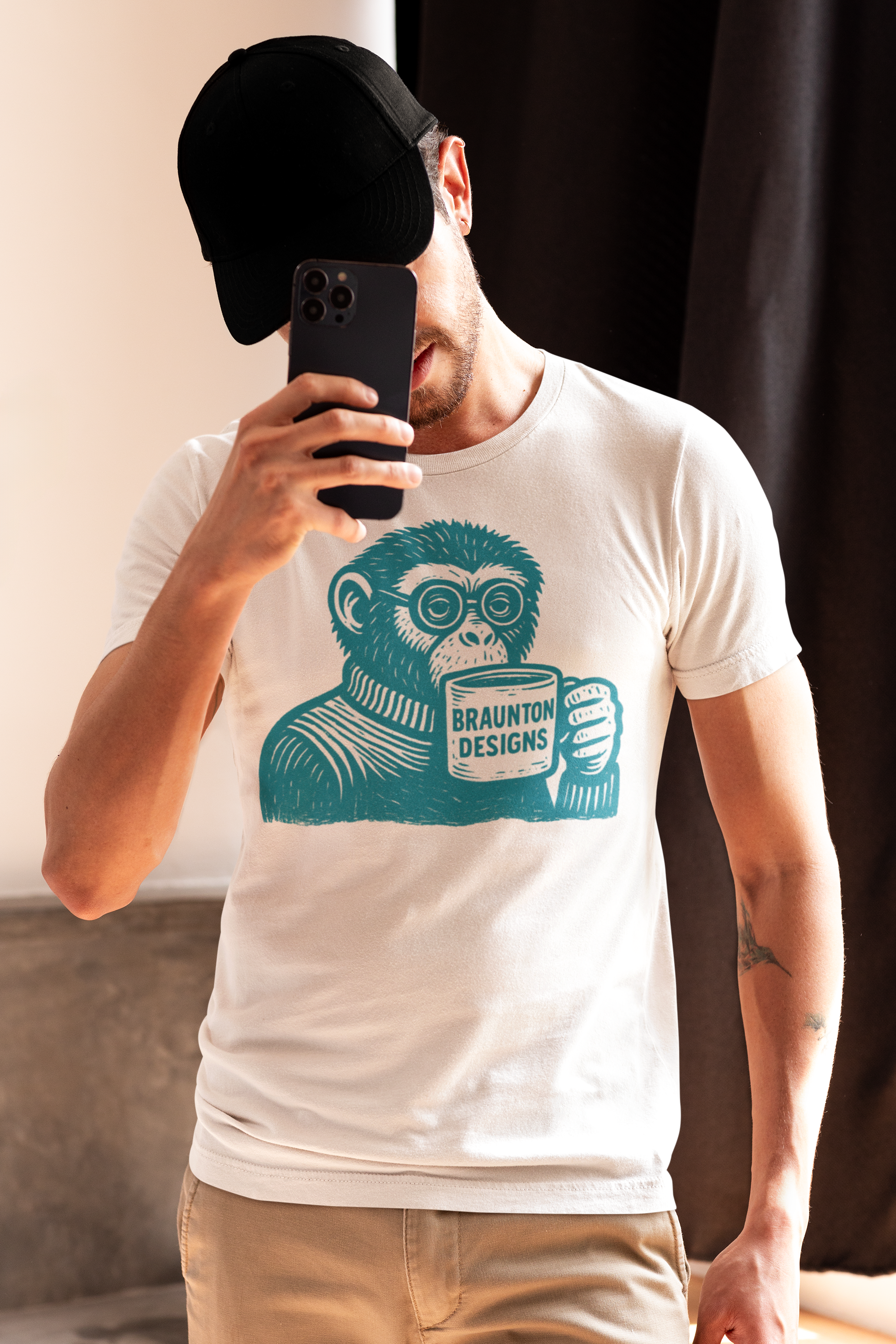 Monkey with Coffee T-Shirt — 'Braunton Designs' Graphic Tee