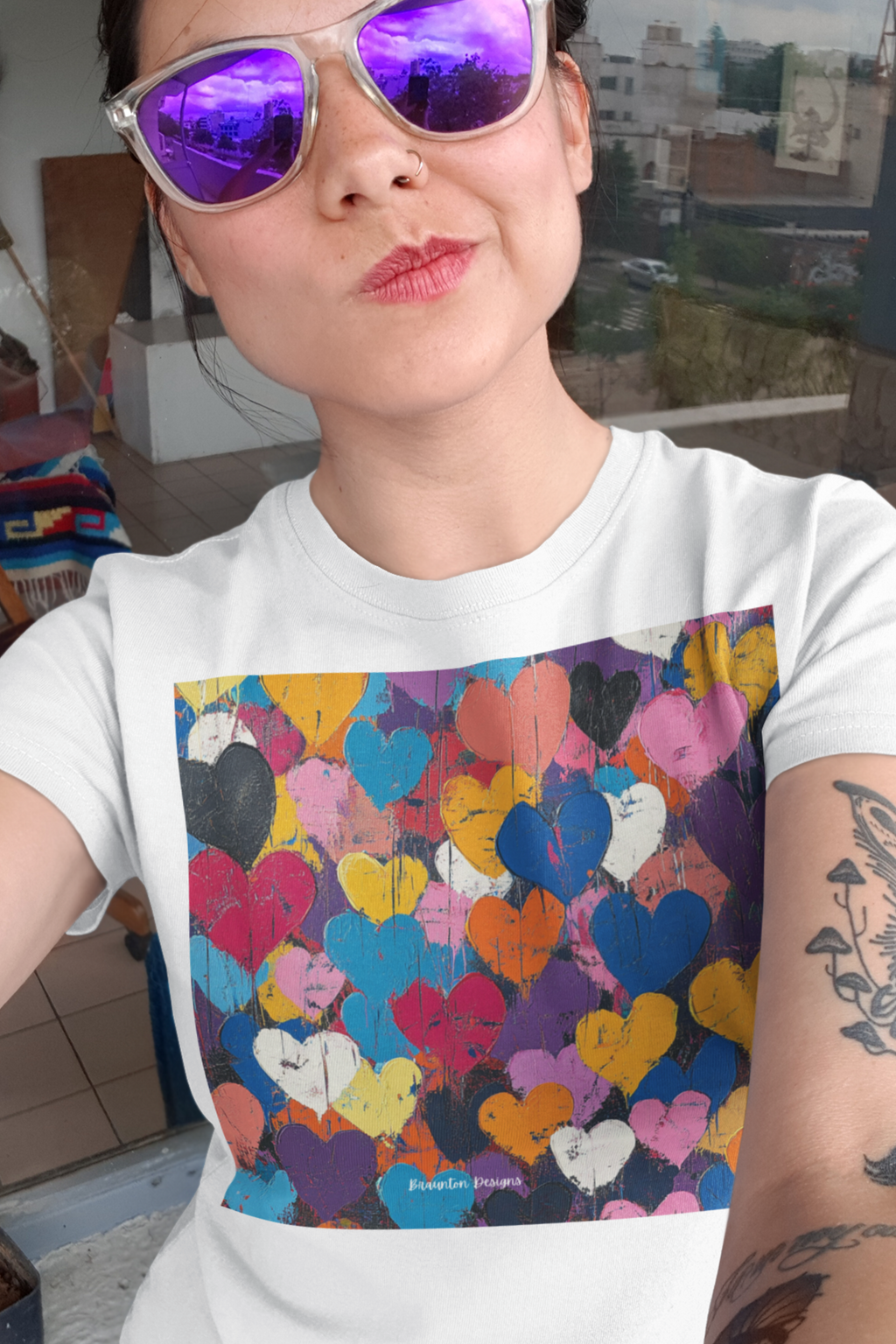 Women's Heart Pattern Tee - Colorful Heart Square Graphic Shirt