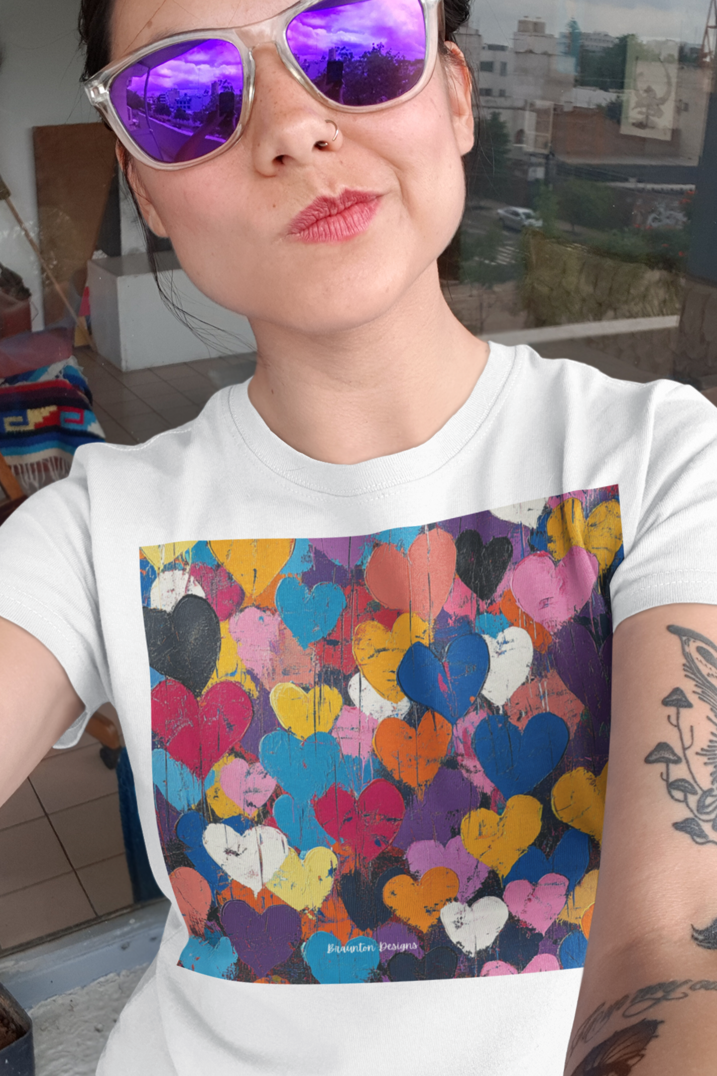 Women's Heart Pattern Tee - Colorful Heart Square Graphic Shirt
