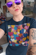 Women's Heart Pattern Tee - Colorful Heart Square Graphic Shirt