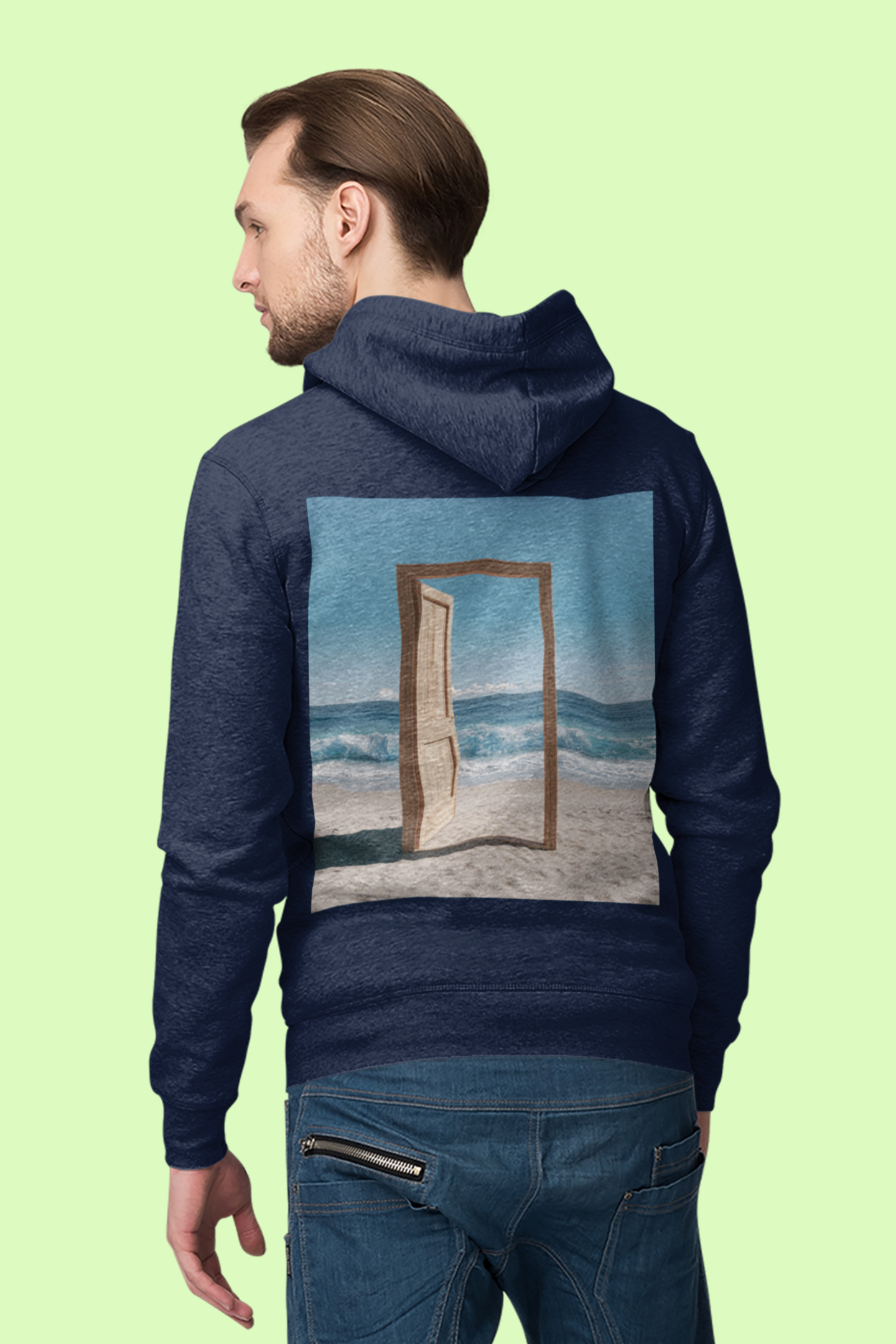 Beach Doorway Hoodie — Surreal Ocean Landscape Fleece Pullover