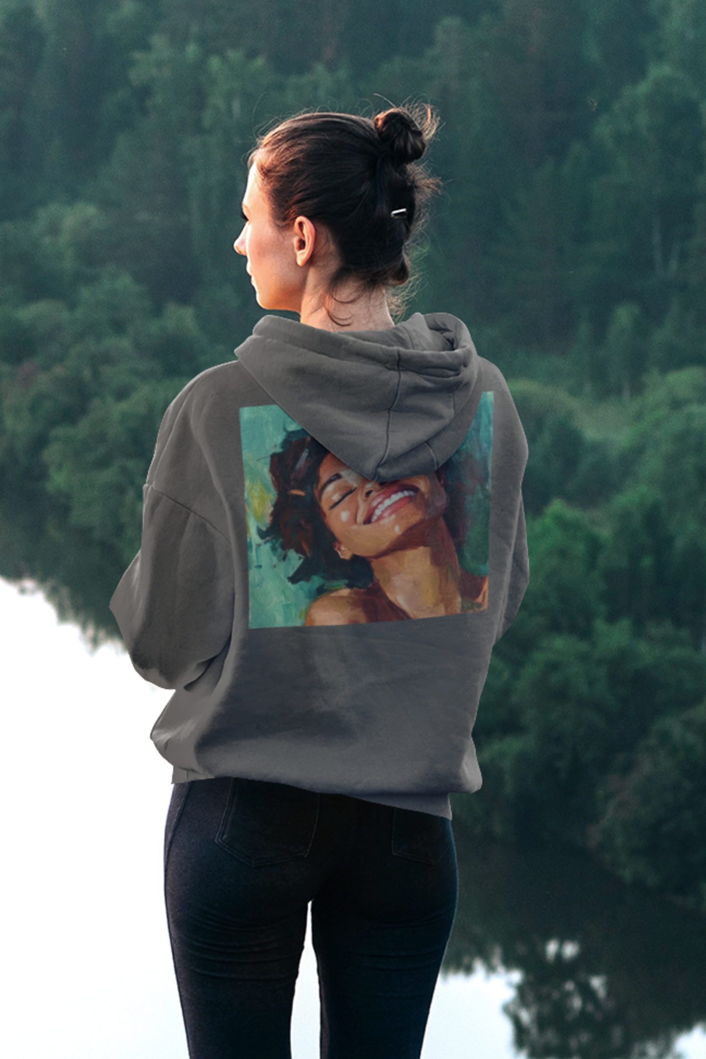 Smiling Portrait Hoodie — Vibrant Painted Woman Graphic Pullover