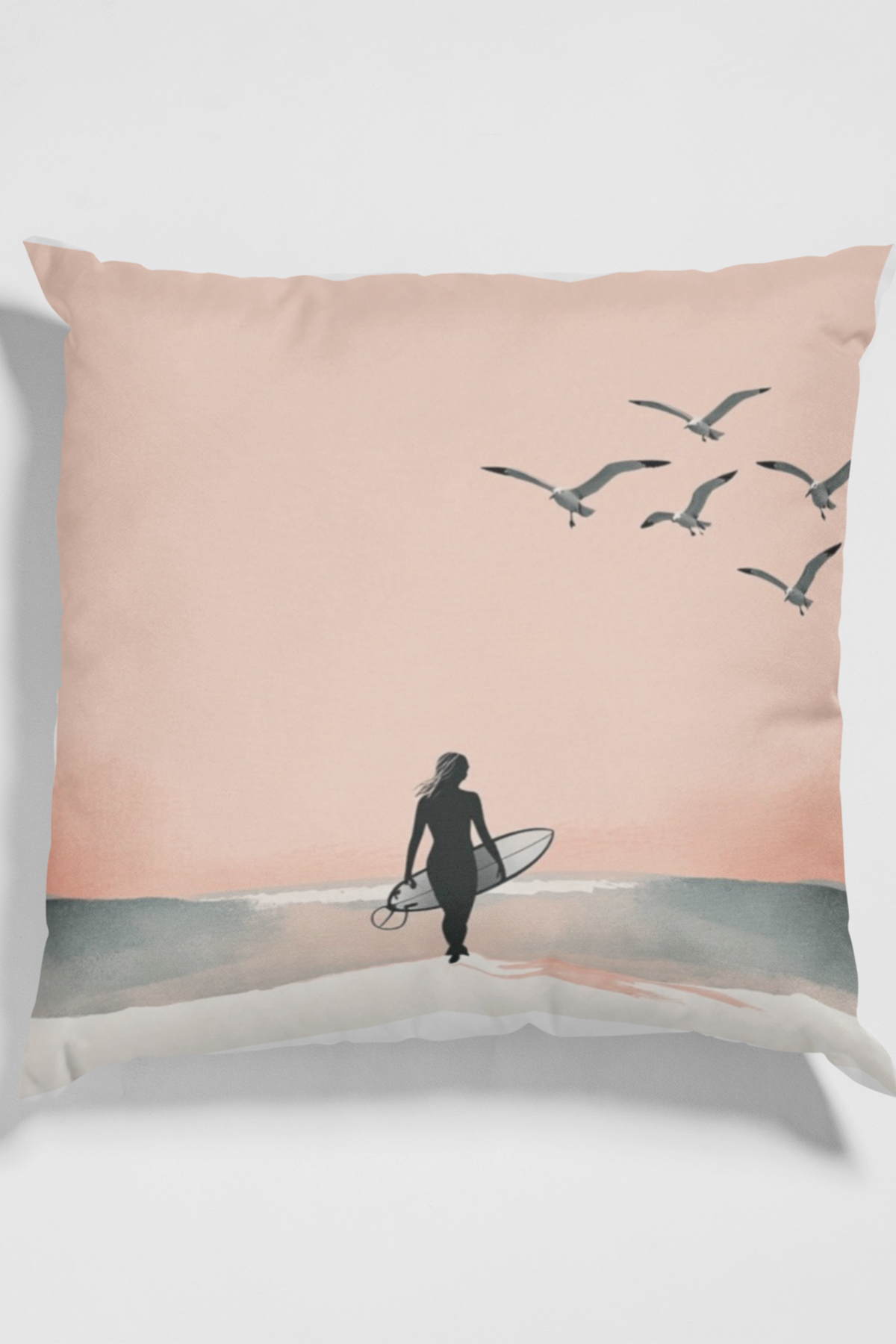 Surf Silhouette Throw Pillow — Pink Coastal Beach Decor