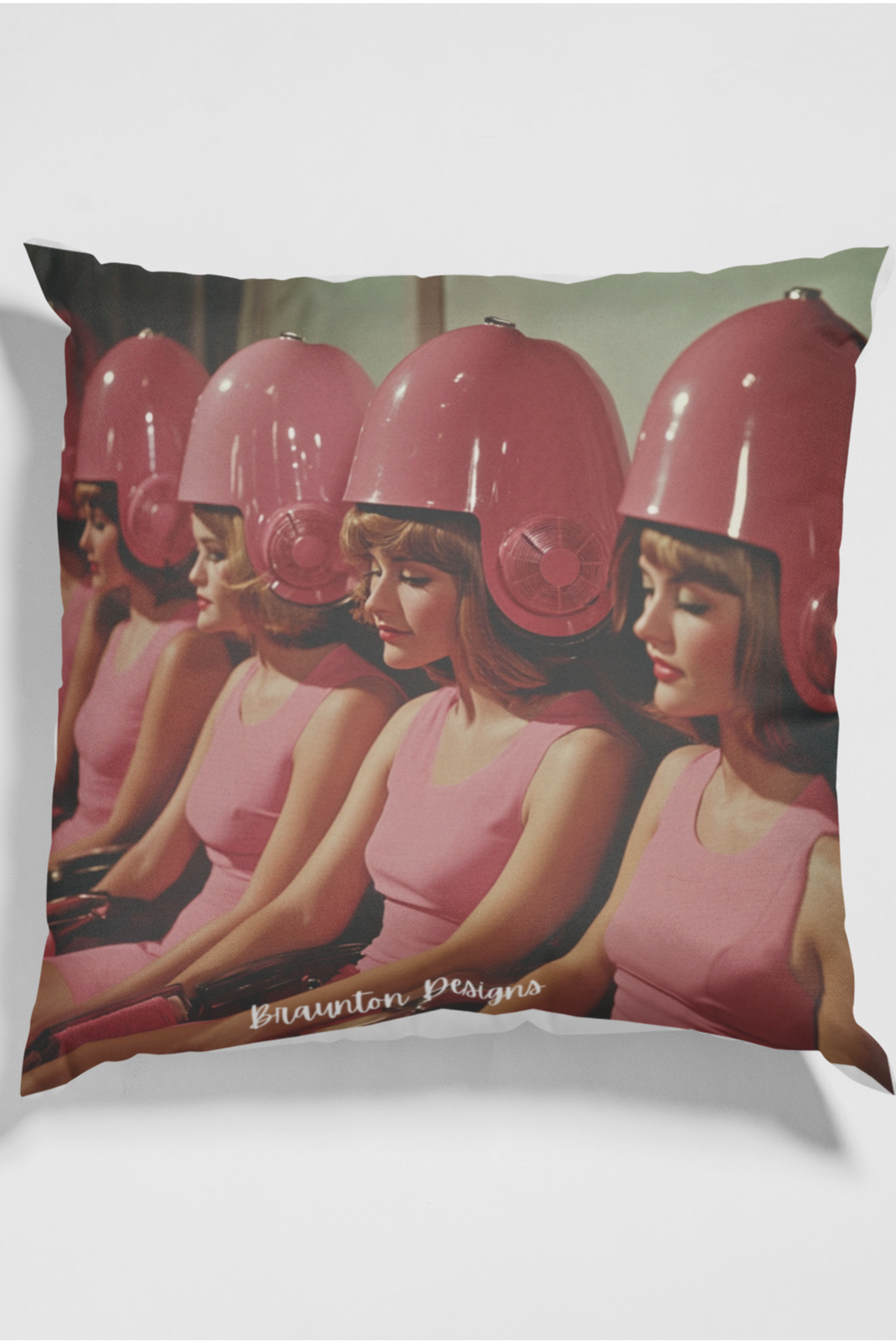 Retro Salon Girls Square Throw Pillow — Pink Hair Dryer Design