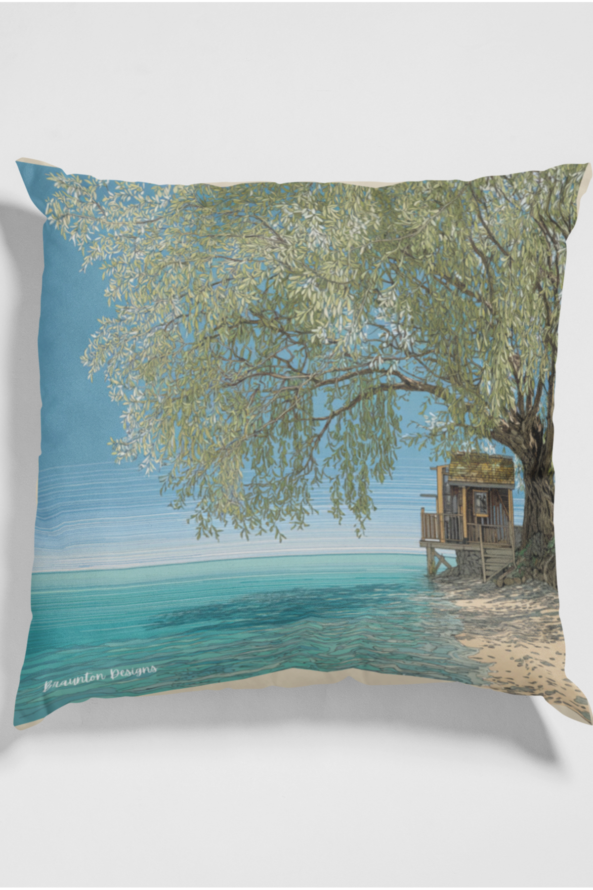 Beachfront Tree Square Pillow with Pink Backing — Coastal Throw Pillow