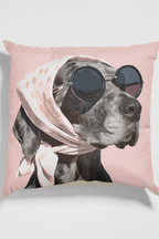 Fashionable Dog Square Pillow – Vintage Pup in Scarf & Sunglasses, Pink Accent Throw Pillow