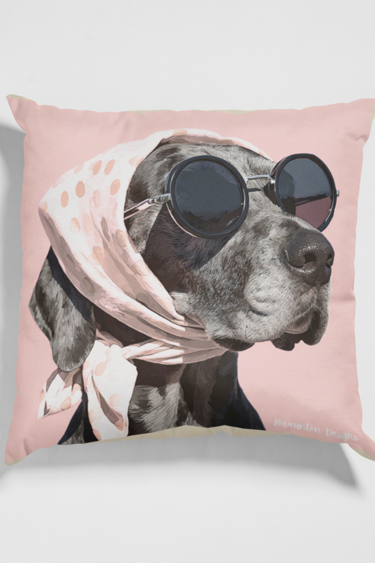 Fashionable Dog Square Pillow – Vintage Pup in Scarf & Sunglasses, Pink Accent Throw Pillow