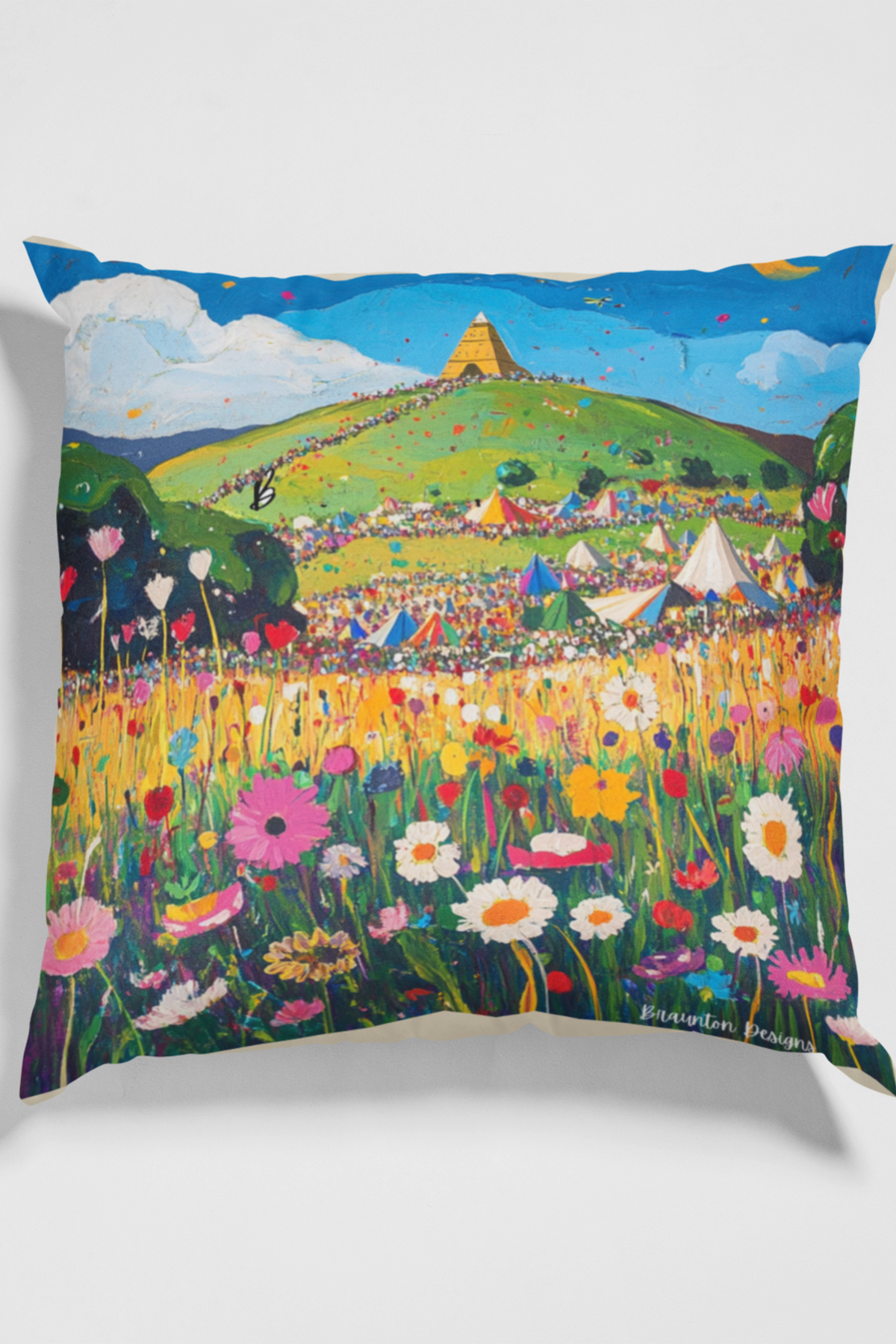 Cottage Meadow Floral Pillow — Colorful Festival Landscape Decorative Throw