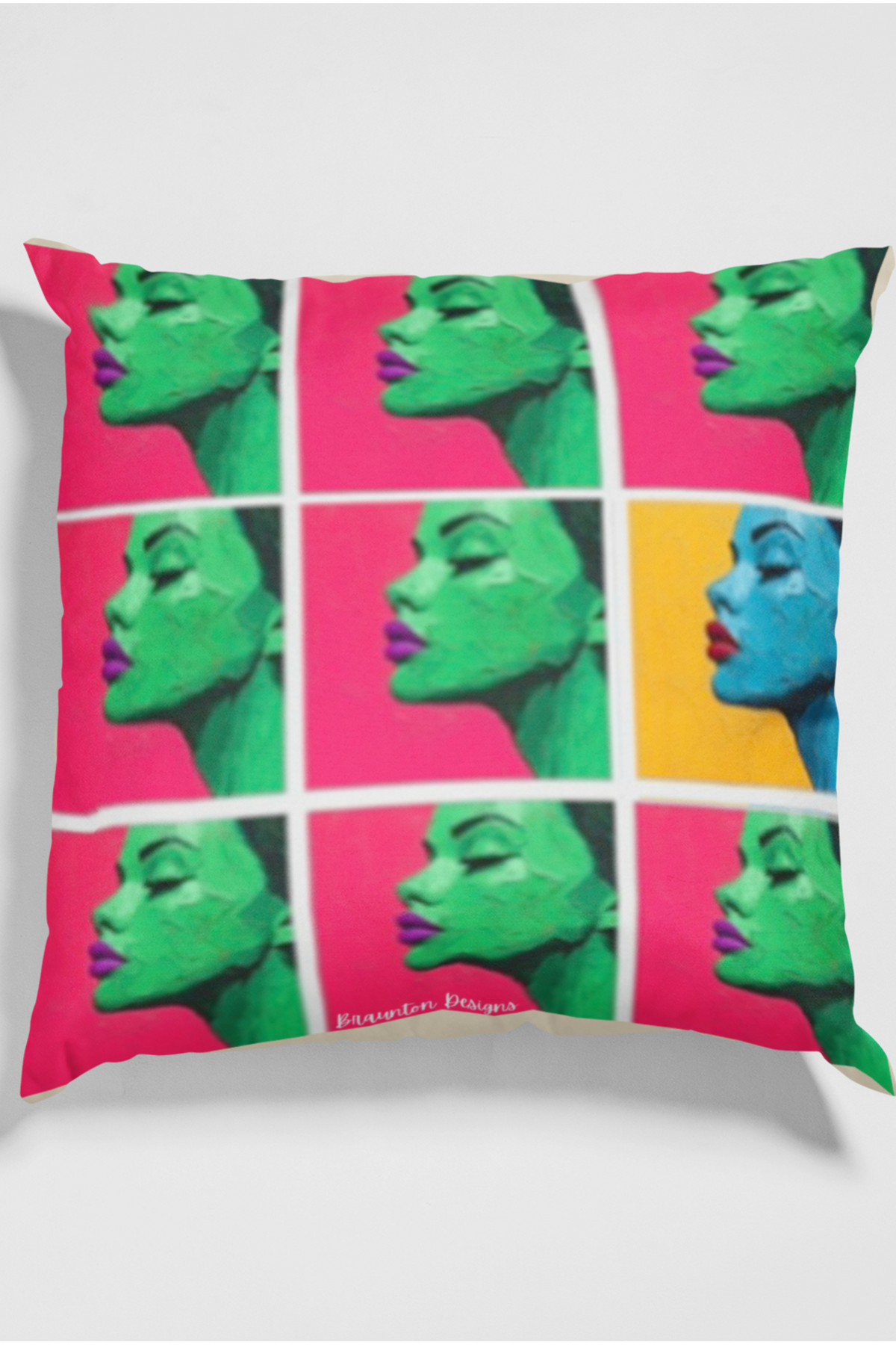 Pop Art Profile Square Pillow — Retro Color-Block Face Cushion with Pink Back