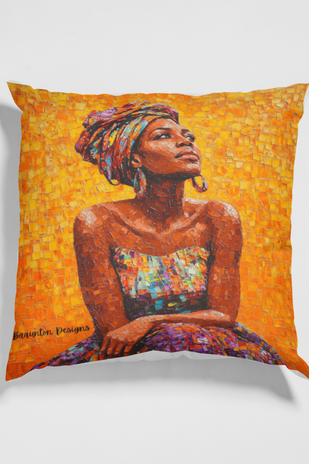 Afrocentric Art Square Pillow — Colorful Woman Portrait, Pink Back Decorative Cushion
