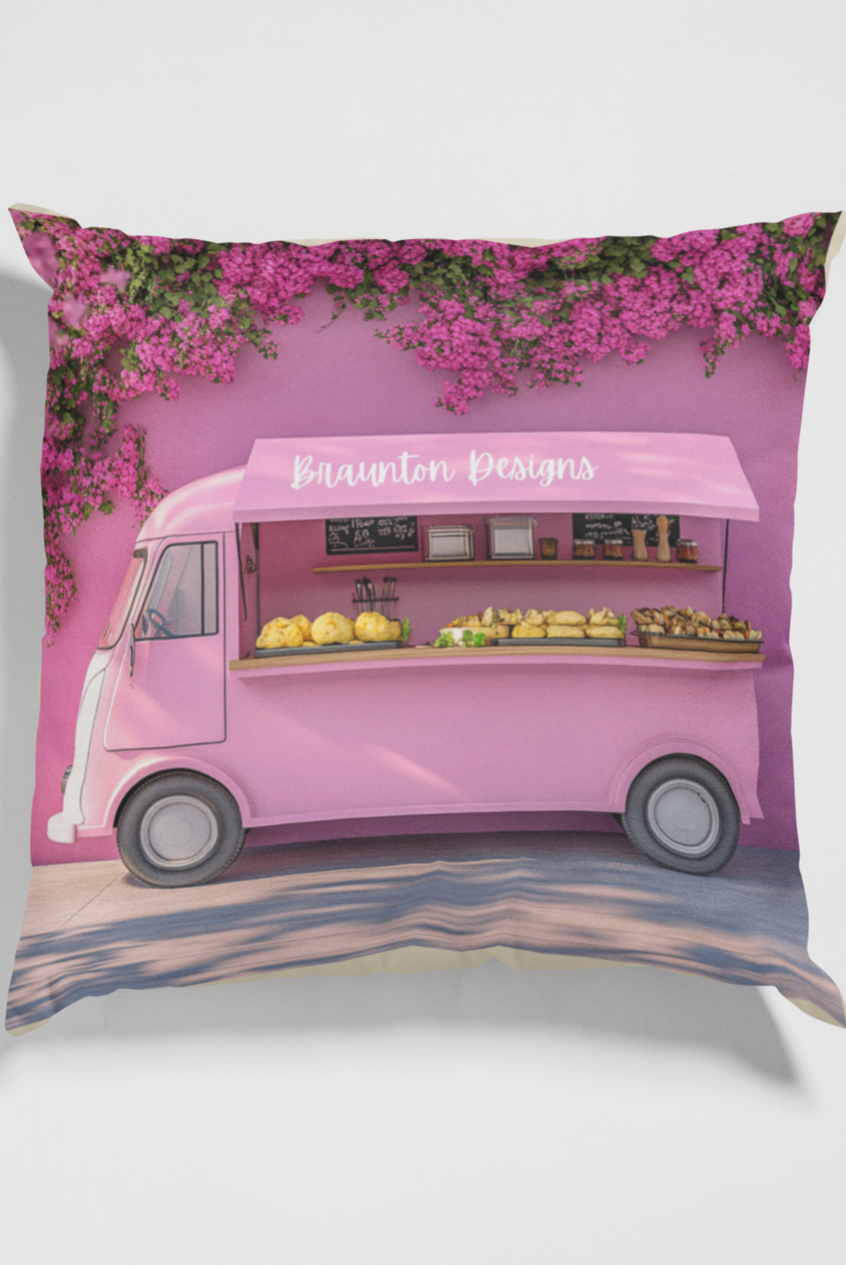 Pink Food Truck Decorative Pillow — Floral Vintage Van Accent Cushion