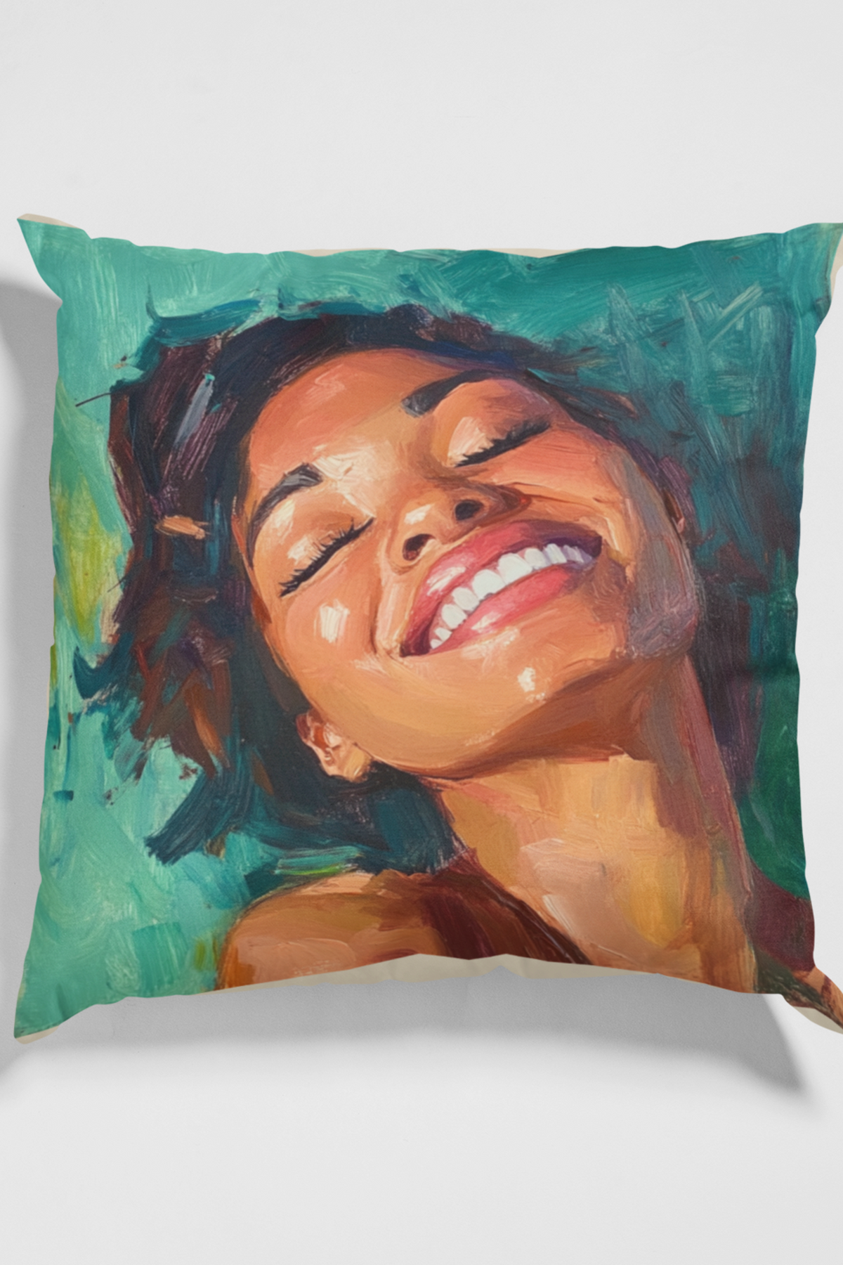 Smiling Woman Art Throw Pillow — Colorful Portrait Square Pillow with Pink Back