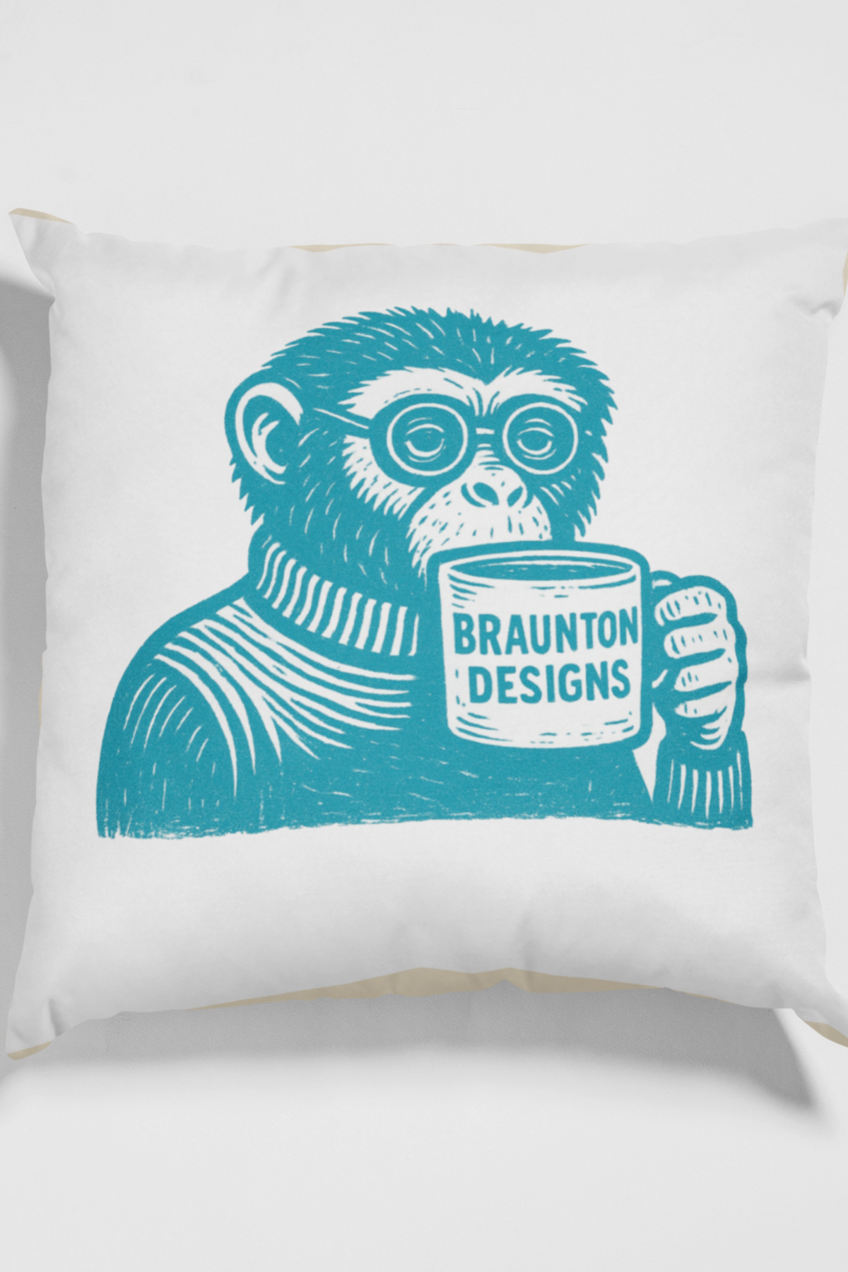 Monkey with Coffee Square Pillow — Retro Teal Print on Pink-Back Accent Cushion