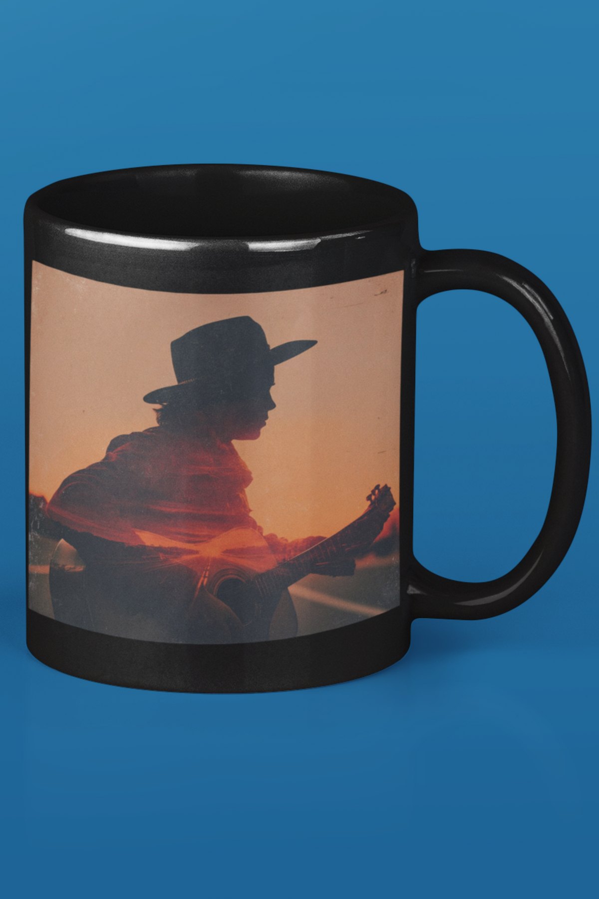 Sunset Guitarist Accent Coffee Mug — Silhouette Music Lover Gift