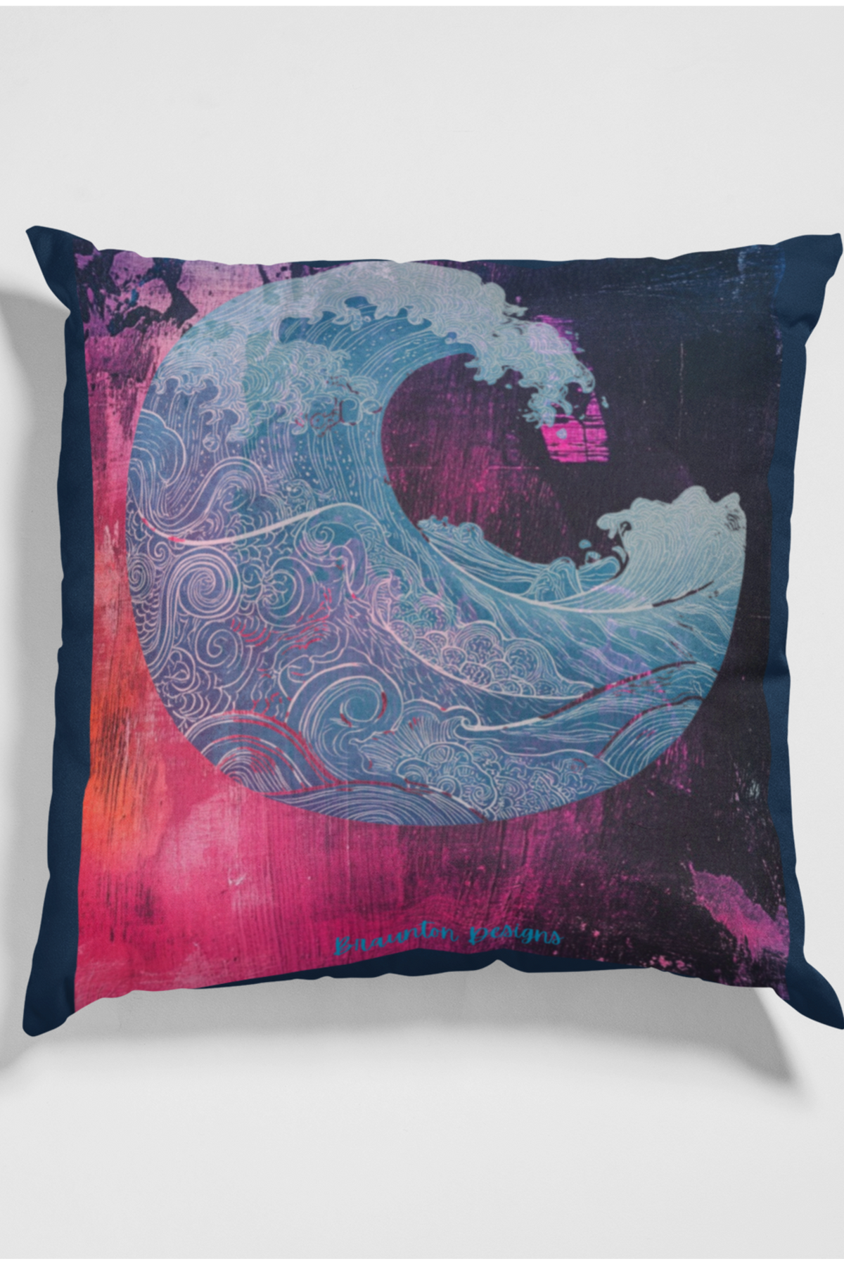 Ocean Wave Art Square Pillow - Pink Back