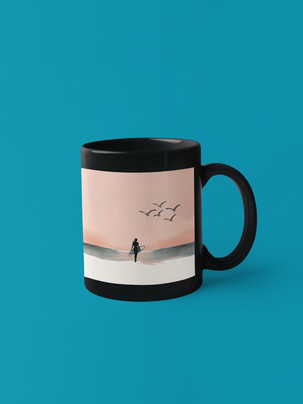 Surf Sunset Accent Coffee Mug — Beach Surfer Silhouette with Seagulls (11/15 oz)