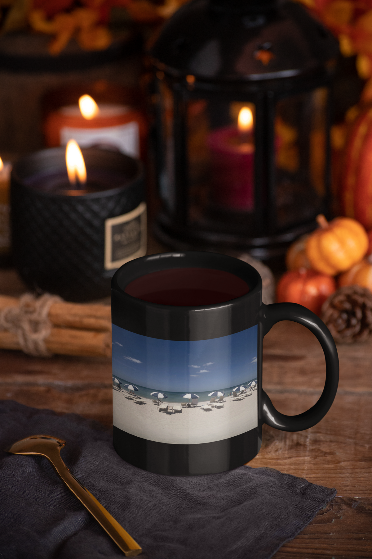 Beach Umbrellas Photo Coffee Mug — Scenic Oceanfront 11/15oz Accent Mug